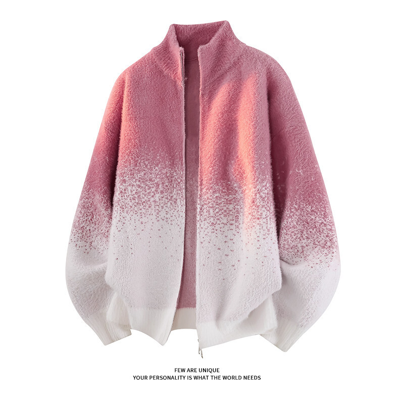 情侣装秋冬季潮牌宽松渐变立领开衫毛衣外套仿貂毛男女情侣针织衫