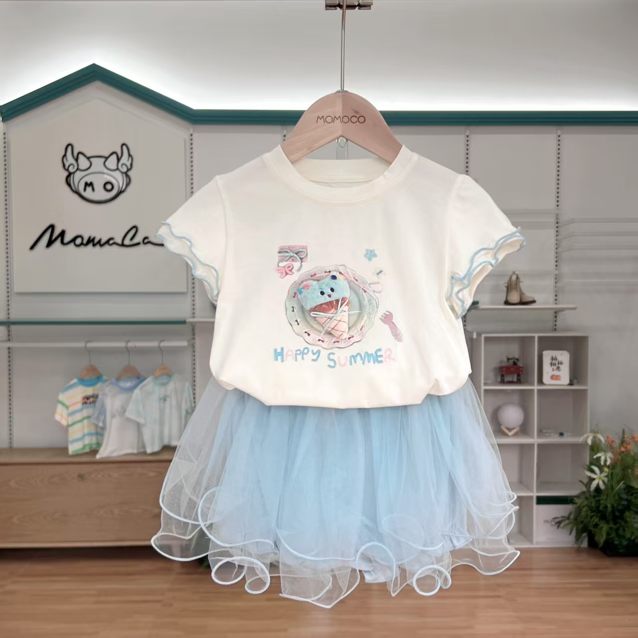 MOMOCO女童夏季欧若风时尚可爱卡通冰淇淋T套装两件套77630580048