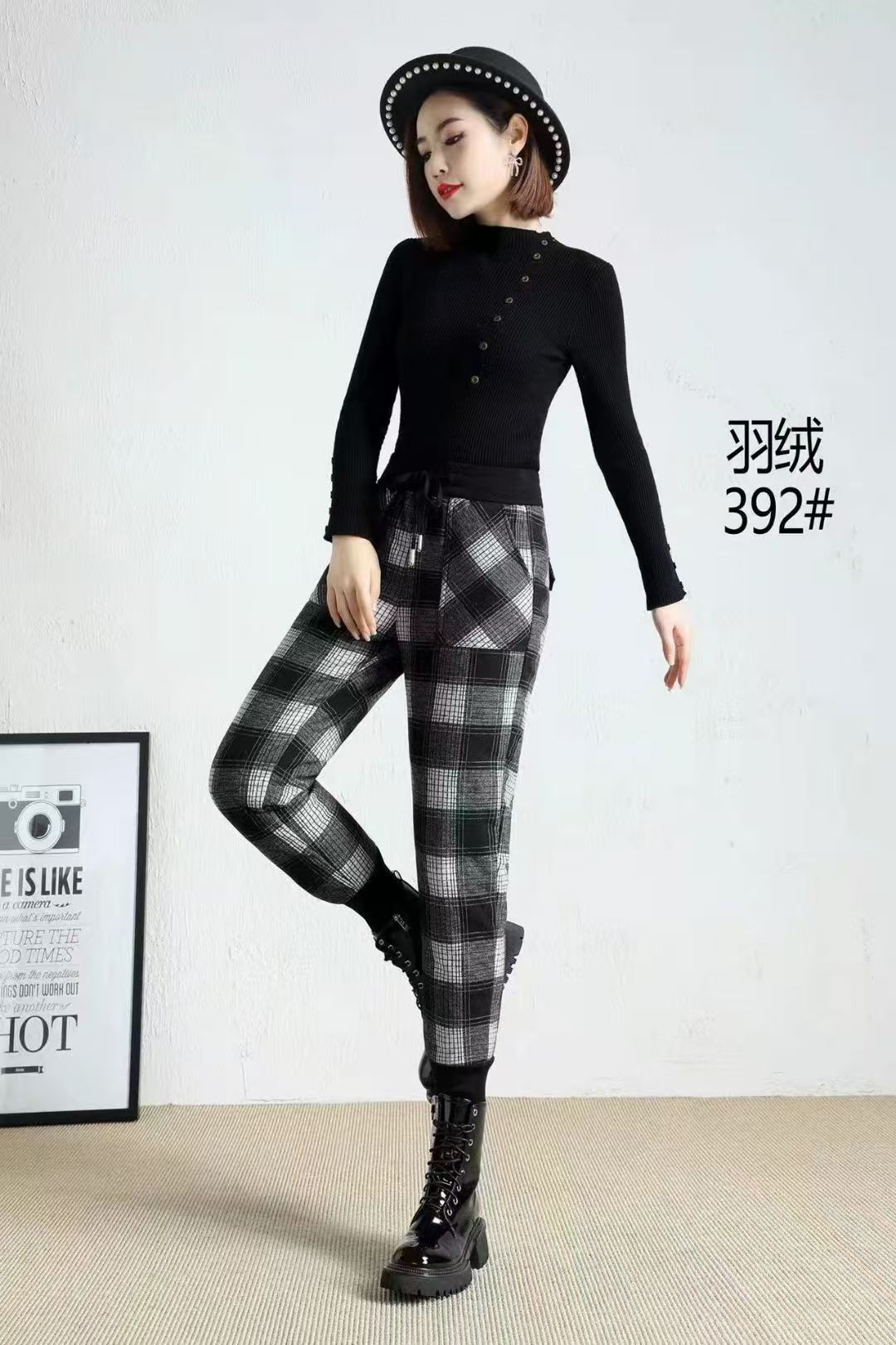 高腰长裤女印花宽松型棉裤羽绒裤裤子小脚裤加绒格纹羽绒羊毛