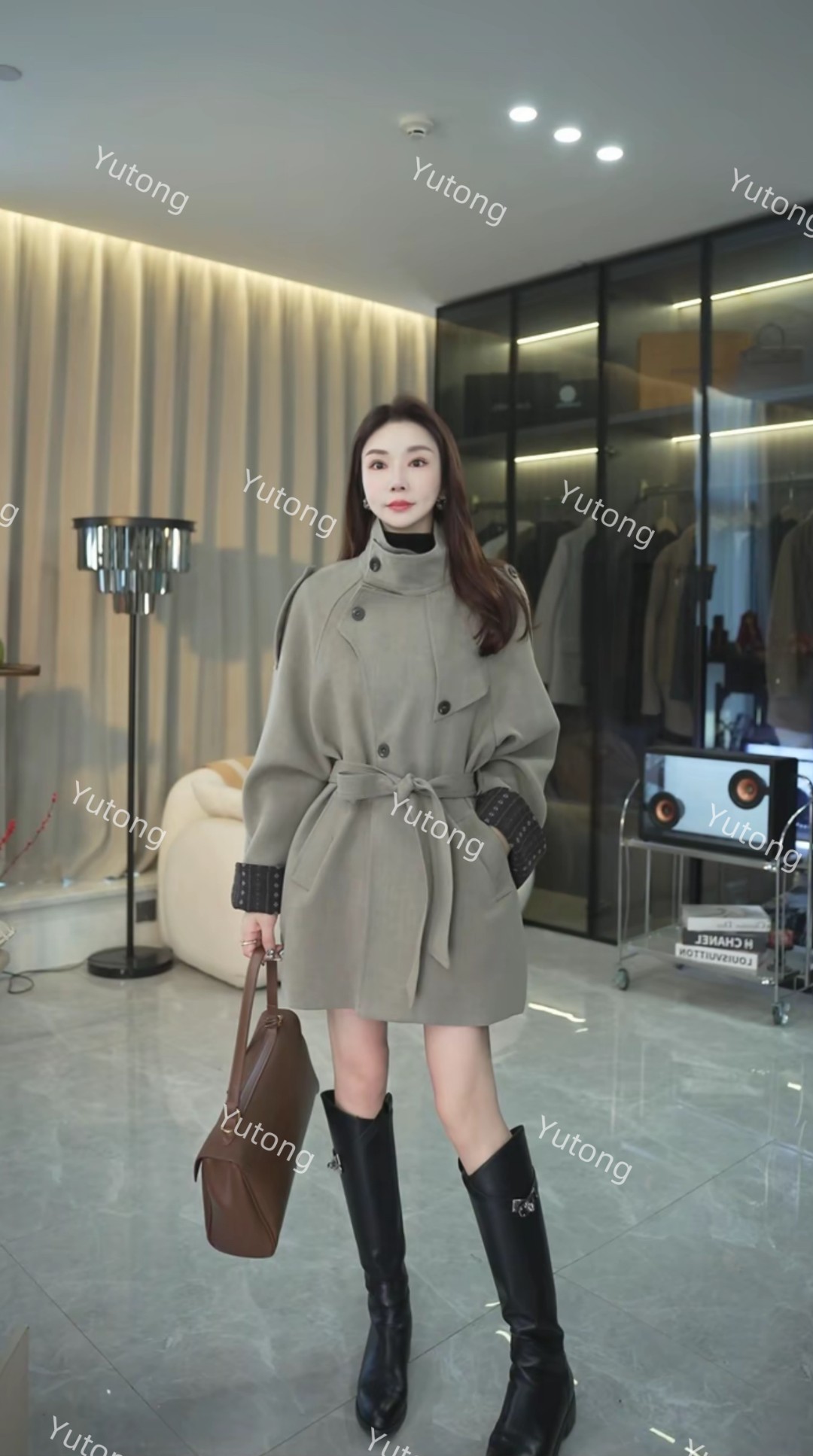 DYT HOME羊毛呢新国标90白鹅绒中长款立领外套插肩袖口拼接风衣