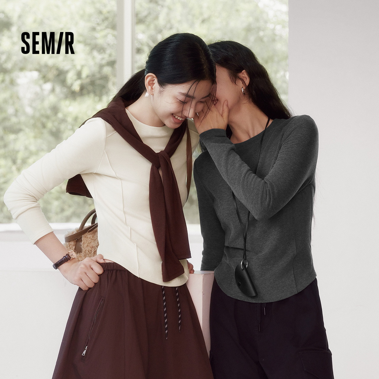 森马长袖T恤女冬鱼骨分割上衣正肩修身纯色2025新款显瘦软糯衣服