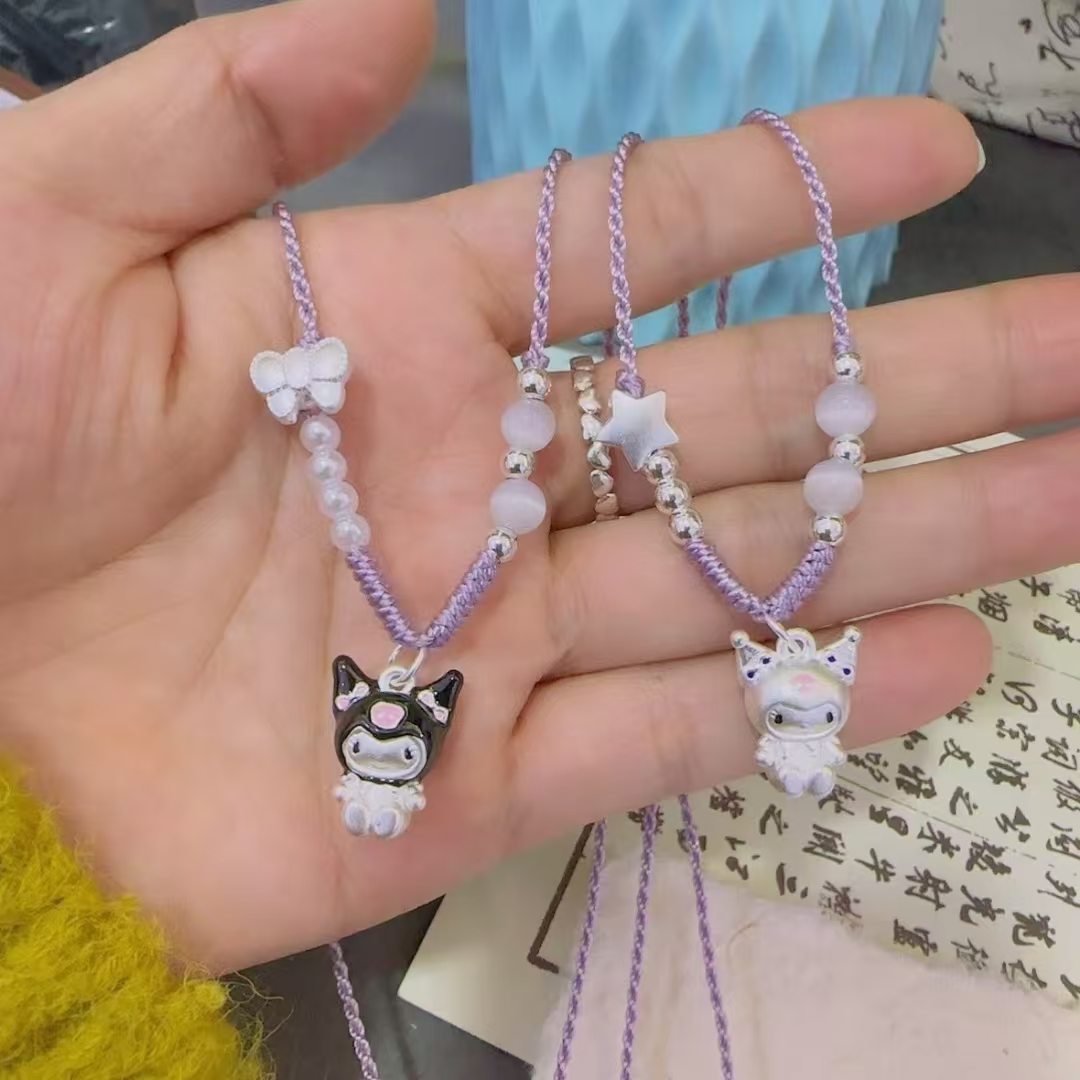 吊坠足银 足银999库咯米儿童手工编绳可爱情侣少女坠链素款可调节