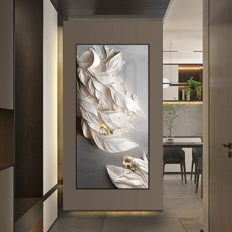 入户玄关装饰画现代简约入门走廊过道挂画高级感羽毛轻奢竖版挂画