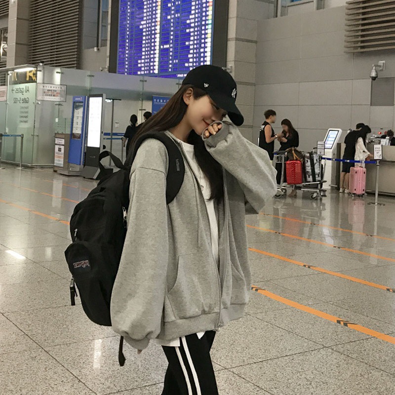 2022春秋女装韩版拉链连帽上衣休闲加绒外套纯色新款卫衣