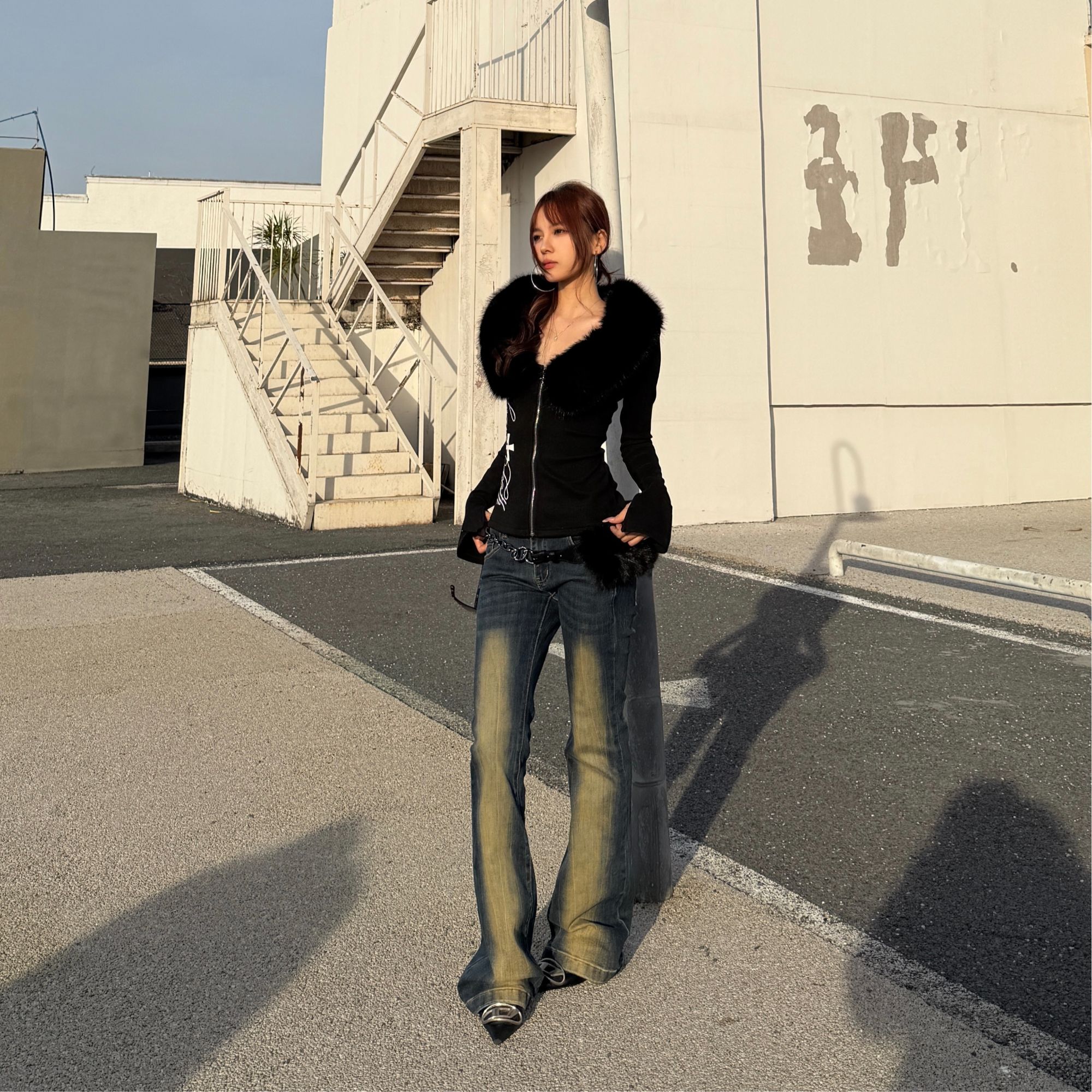 HottieDiary 美式做旧水洗复古微喇低腰牛仔裤显瘦修身百搭街头