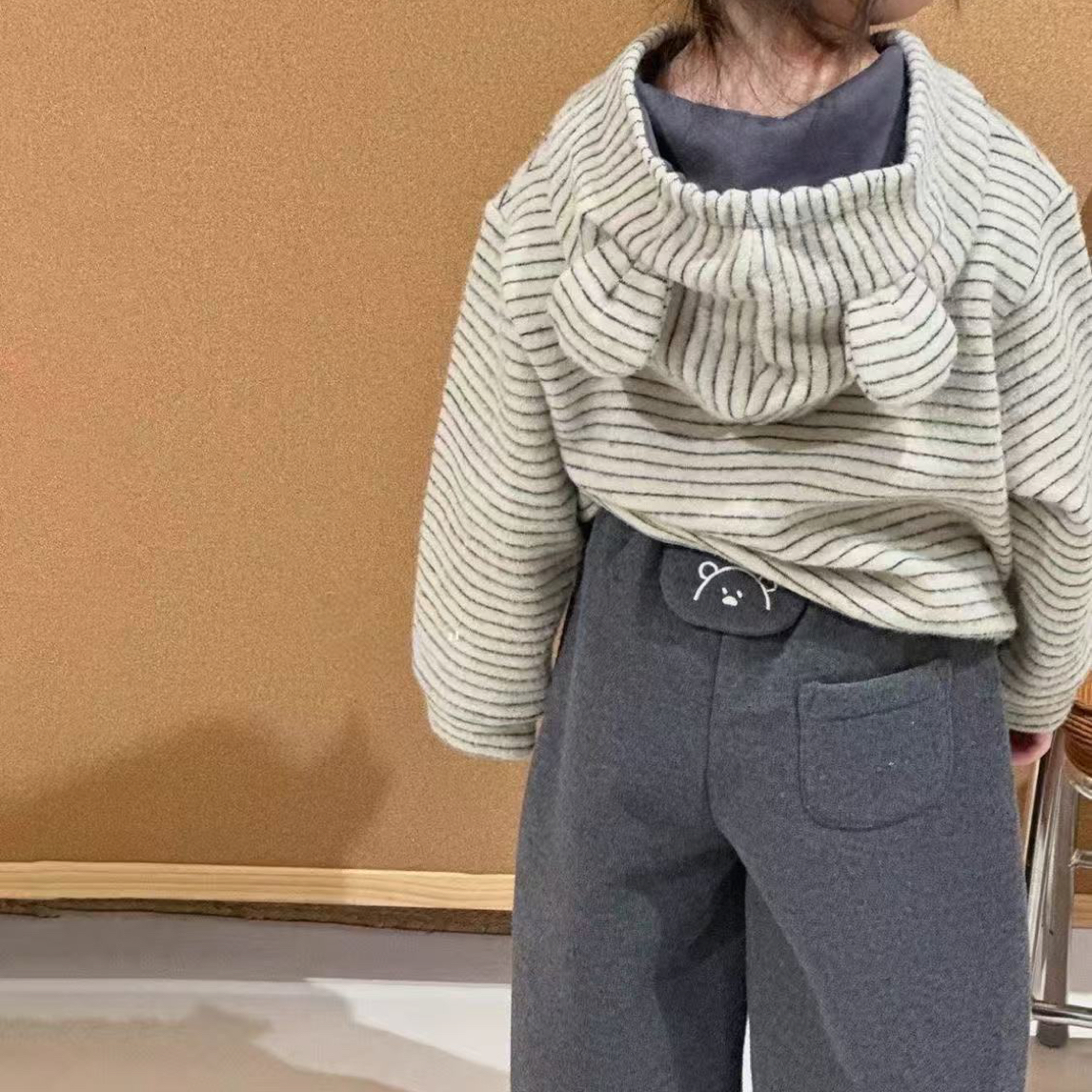 【KL】女童可爱小熊耳朵加绒卫衣套秋季韩系洋气条纹上衣舒适镰刀裤