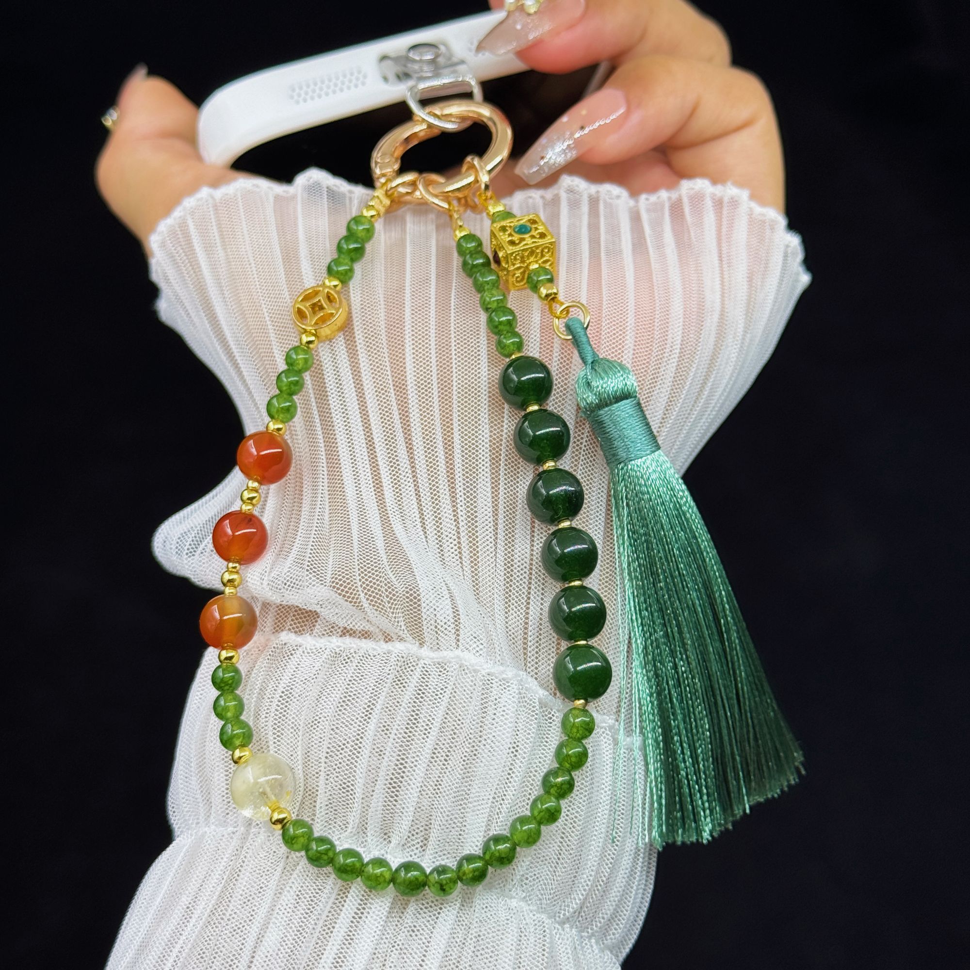 手机挂饰斜挎款挂链新中式手机挂绳长款国风手工串珠链挂脖包链条