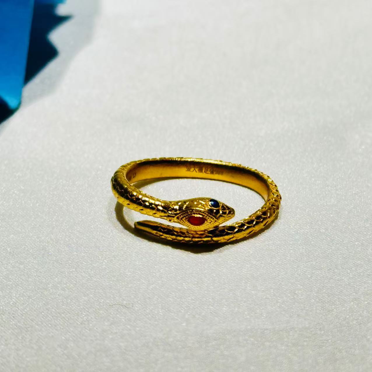 黄金足金999珐琅彩古法灵蛇可调节戒指