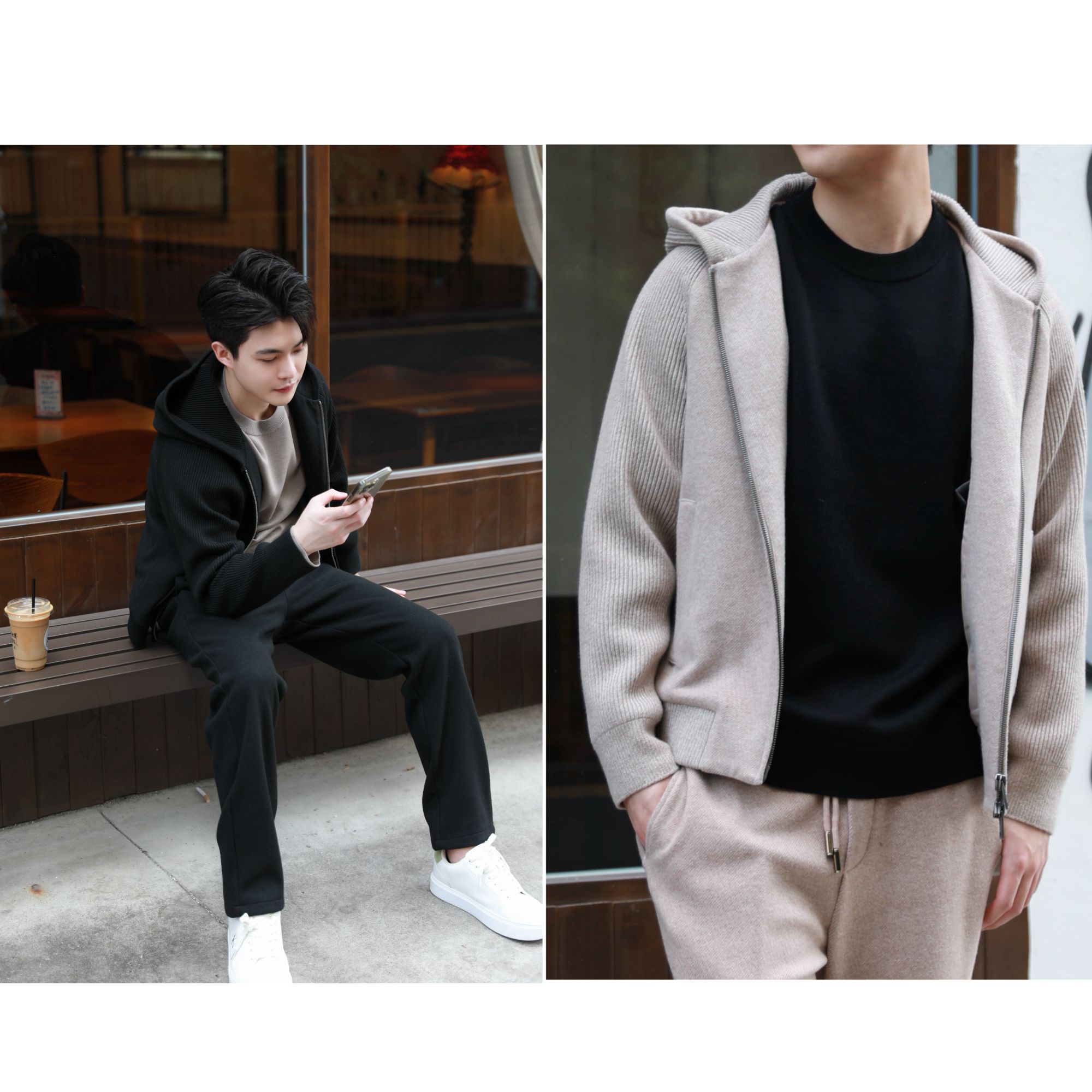 PM王囡囡 黑/燕麦色绵羊毛竖纹拼拉链连帽两件套（男装） ND1D2187