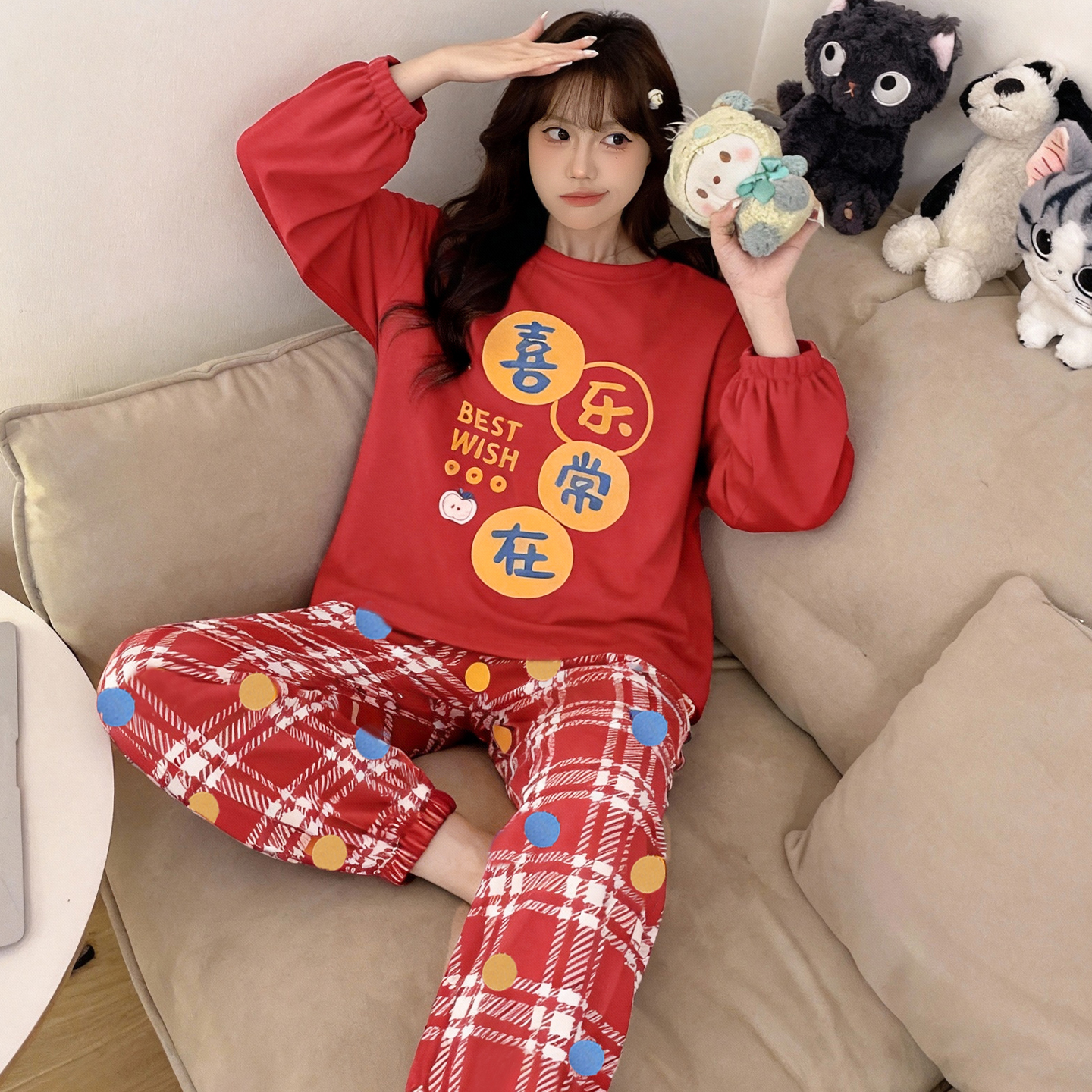 bejirog/北极绒可爱新春款女士纯棉长袖睡衣少女舒适家居服两件套