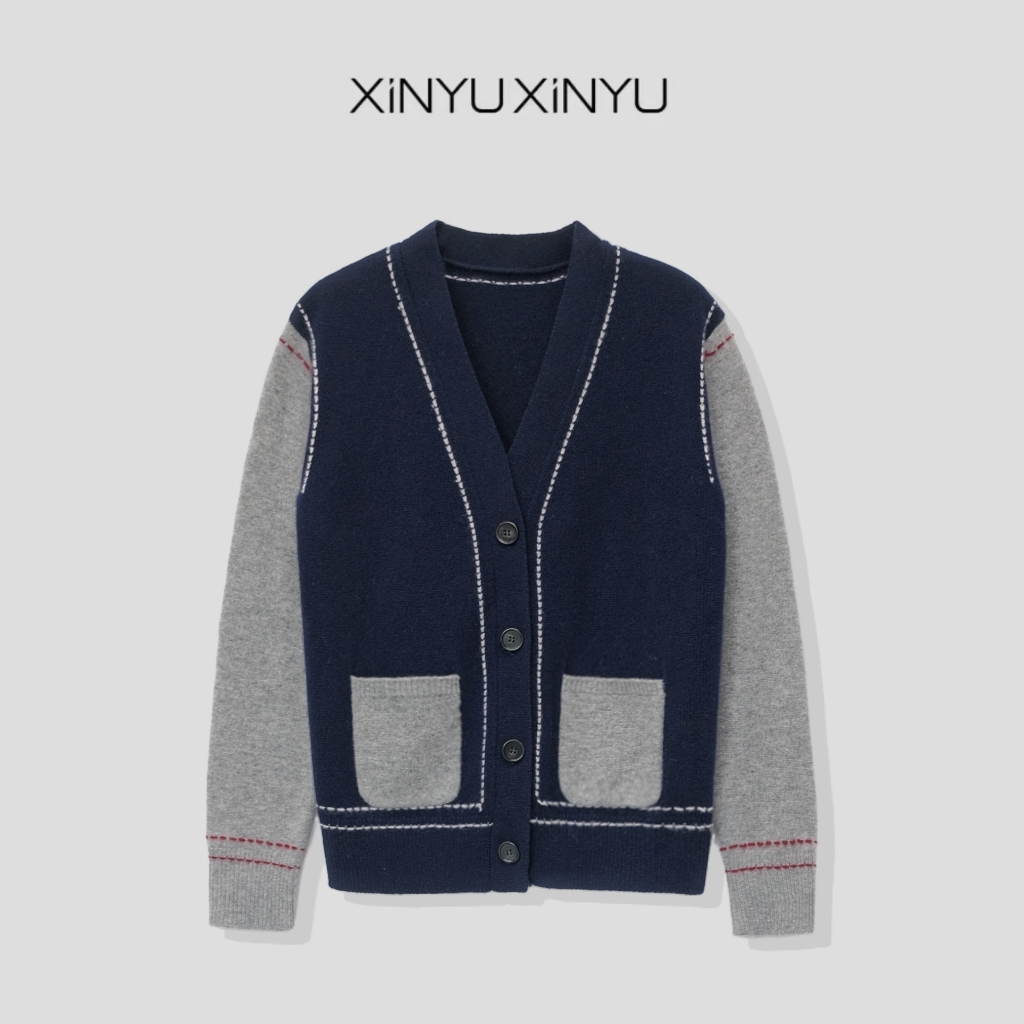 XINYU/芯与『小英伦』100绵羊毛藏青撞色灰羊毛开衫 448117 针织