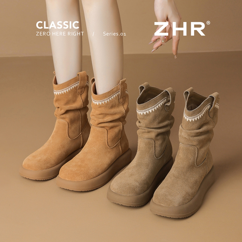 中筒靴女秋冬新款加绒复古低跟马丁骑士时尚百搭堆堆靴EH239A