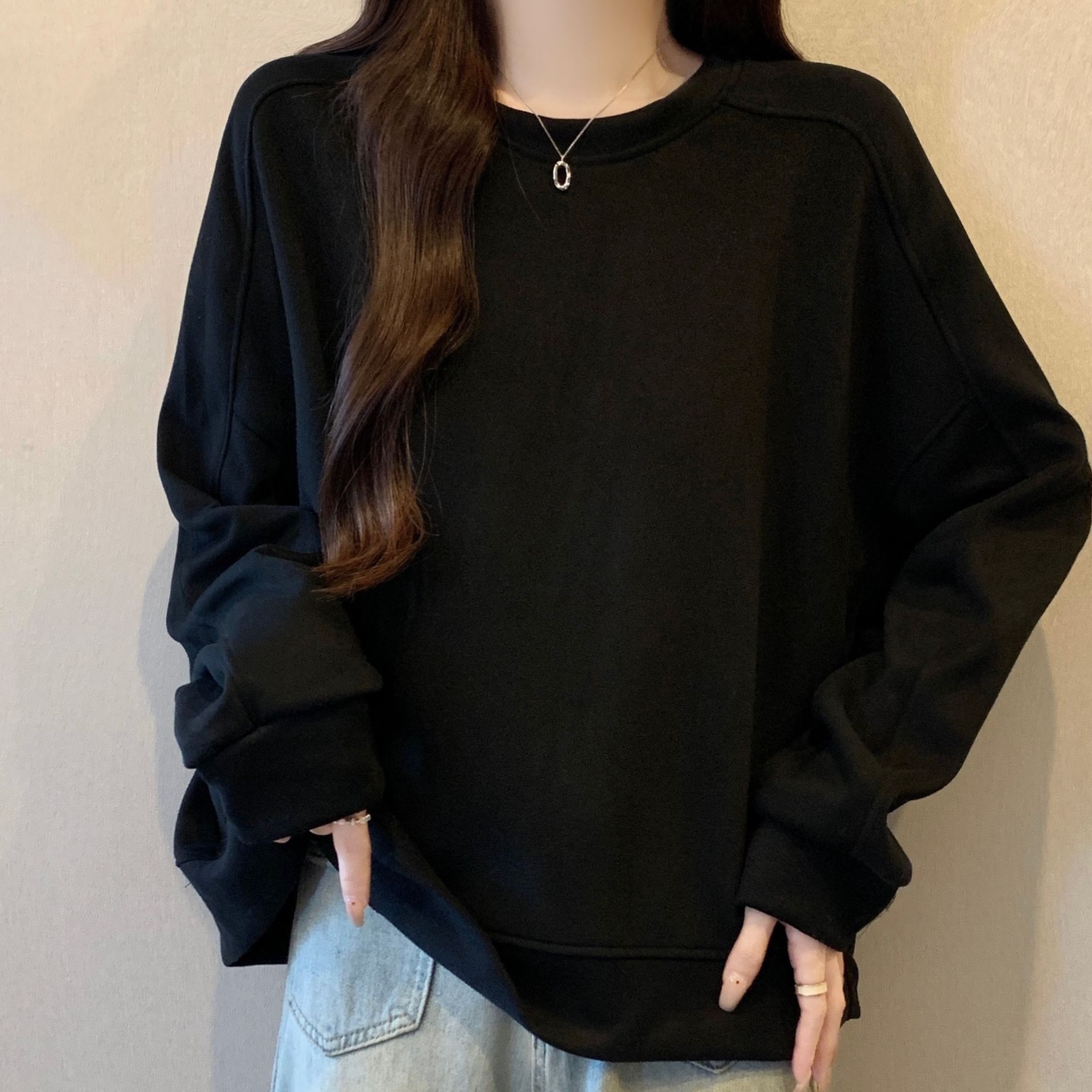高级感黑色正肩长袖卫衣女2025早秋新款显瘦遮肚上衣