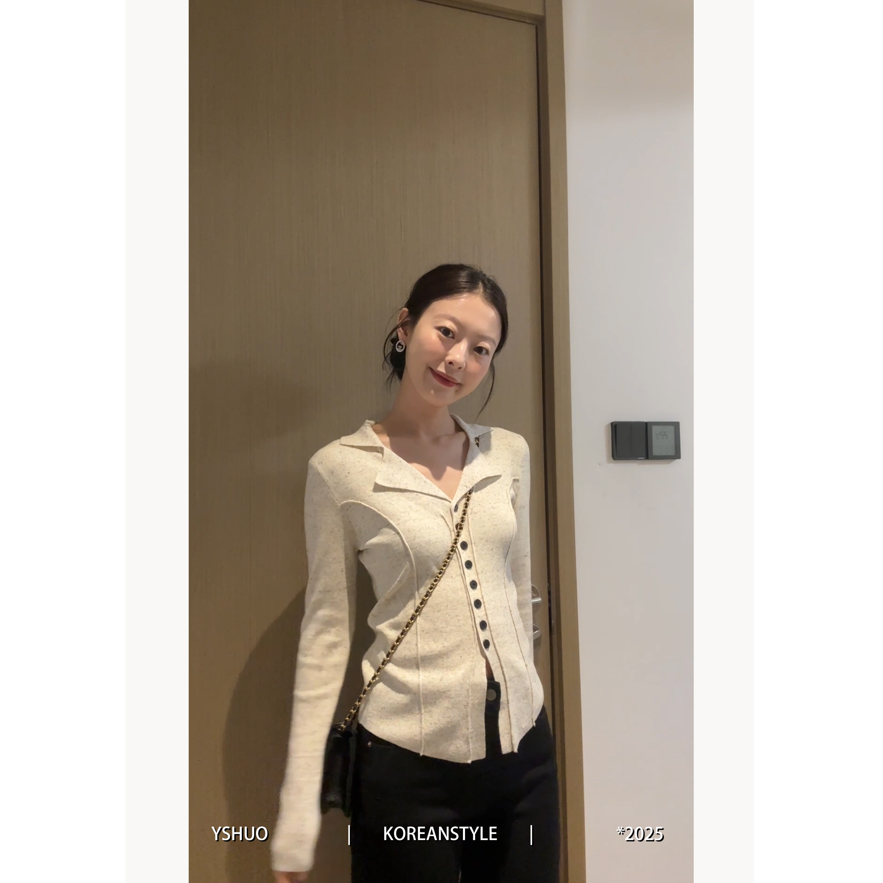 【燕麦摩卡】韩系翻领鱼骨收腰显瘦打底针织气质简约上衣25566