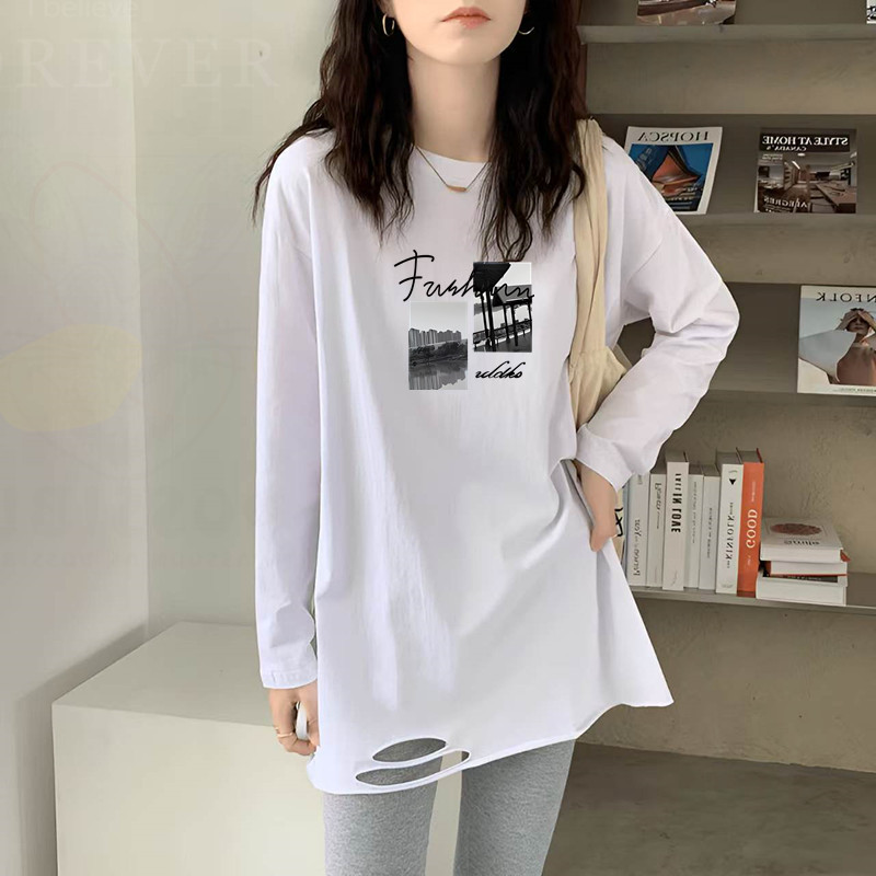 欧货大版中长款印花t恤女秋遮屁股遮肚子长袖洋气高档宽松上衣服