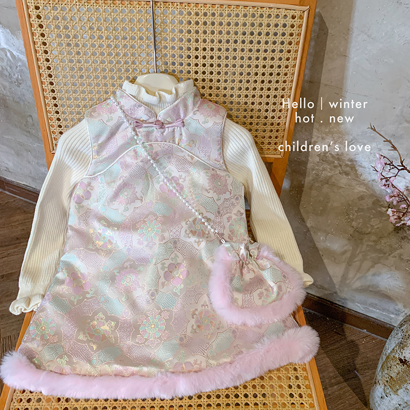 【本妈】秋冬"玉芙蕖"女童针织上衣+无袖国风夹棉印花连衣裙A35176