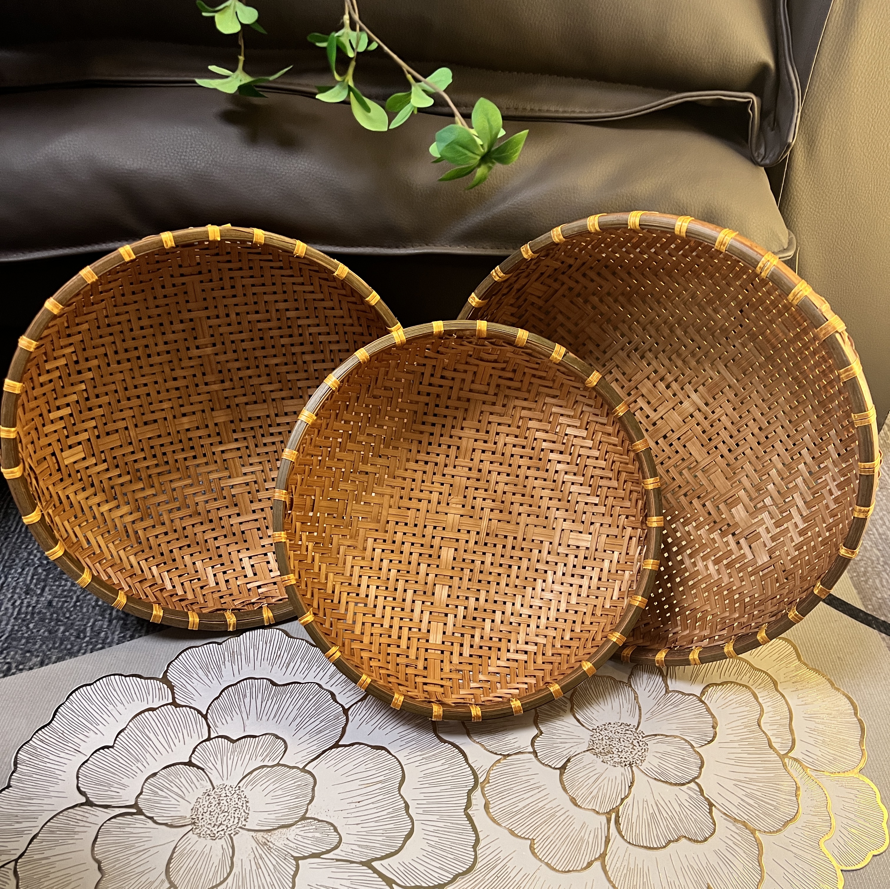 A89（到手3 个）竹编烟熏款馒头筐手工编织收纳筐洗菜篮 30-28-25