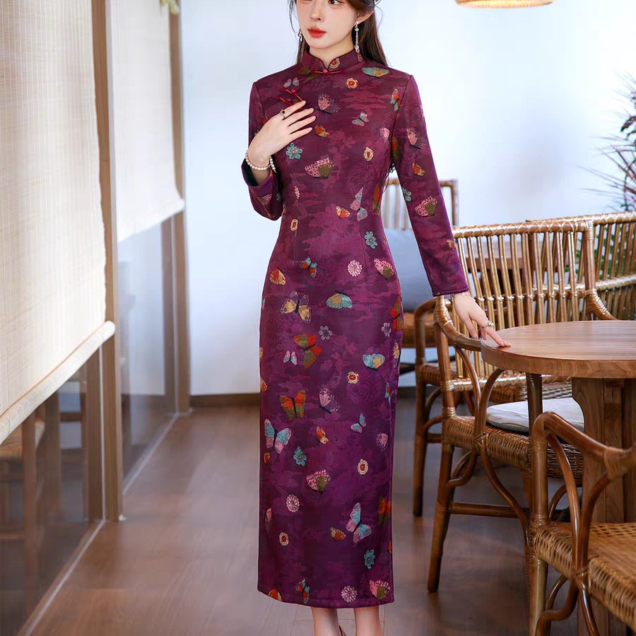 【紫蝶】秋冬新款修身显瘦复古加厚长款改良妈妈时尚提花旗袍裙