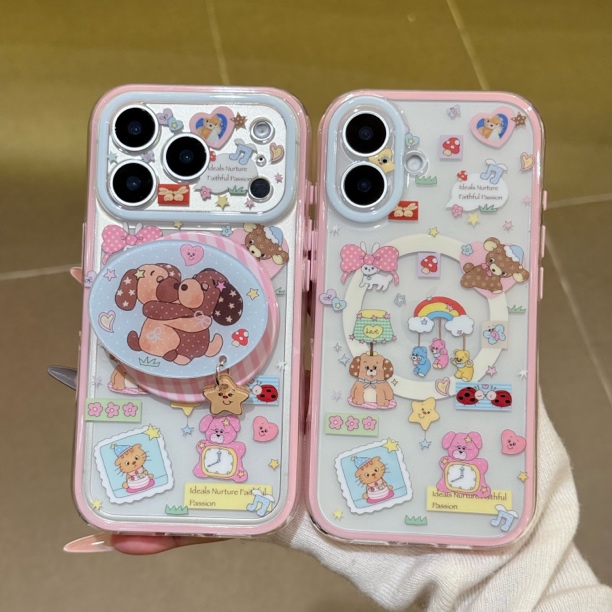 喵六家粉框彩虹拥抱小熊小狗imd二合一磁吸手机壳适用苹果17pm/13