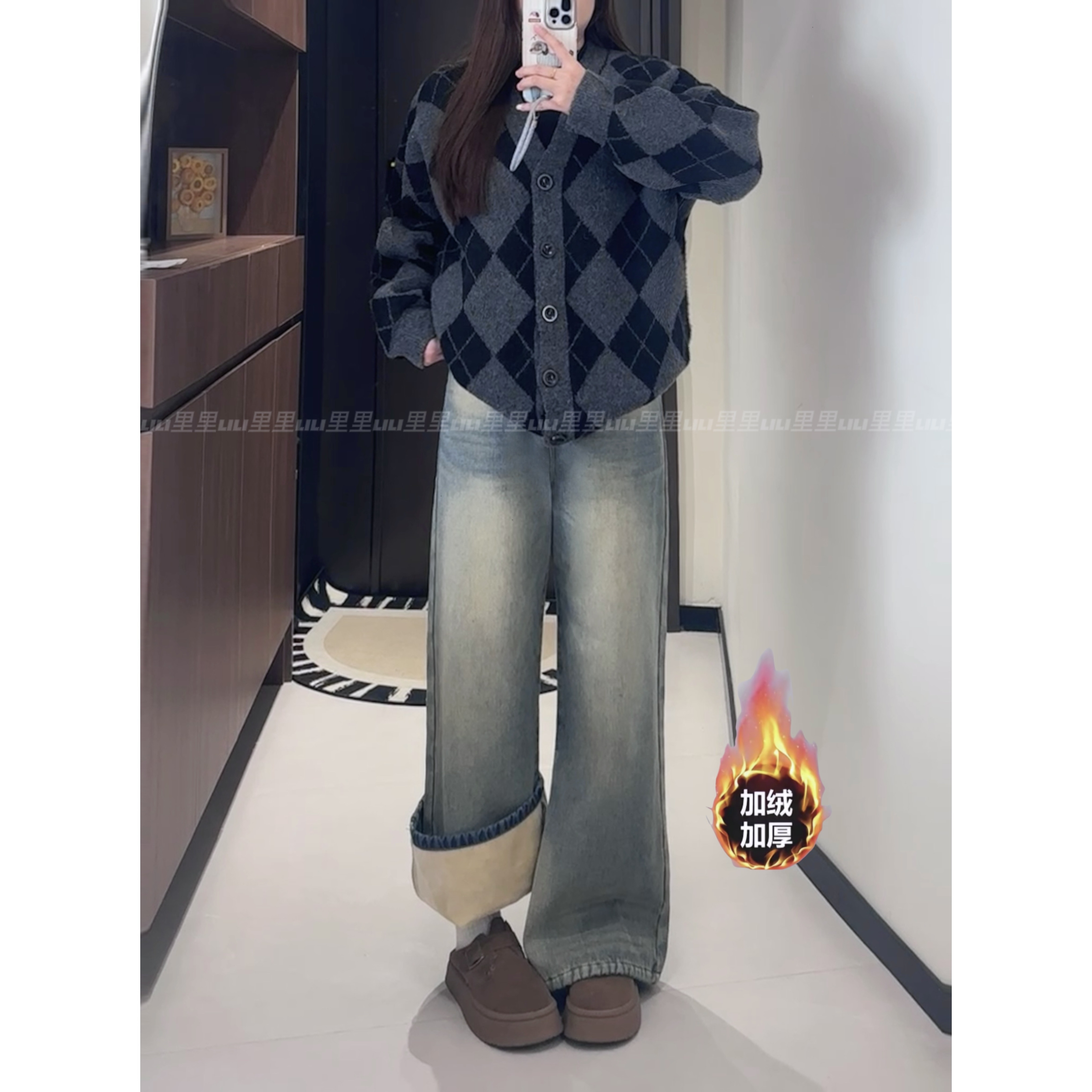 【火火】豹纹口袋做旧加绒牛仔裤女冬新款高腰宽松显瘦直筒阔腿裤