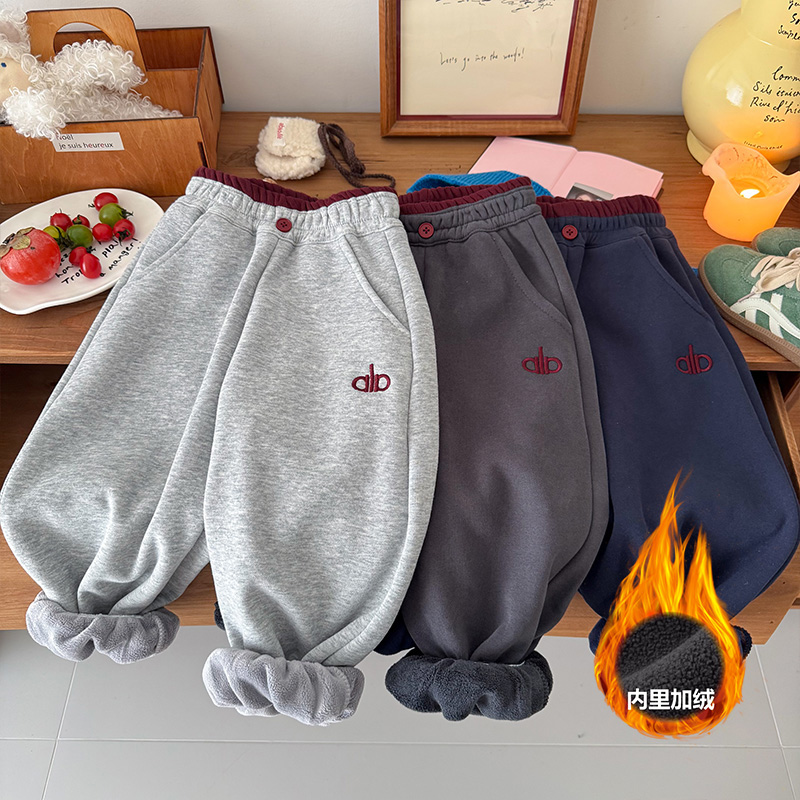 儿童冬季腰头撞色刺绣加绒卫裤男女宝保暖休闲裤KZ25664