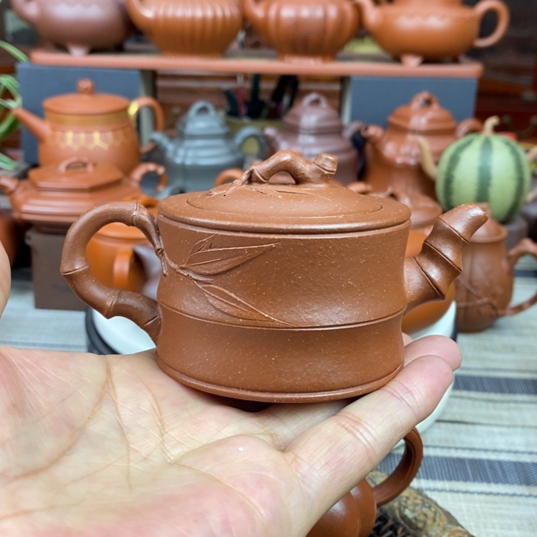 紫砂茶壶竹段130cc原矿宝山红降坡泥