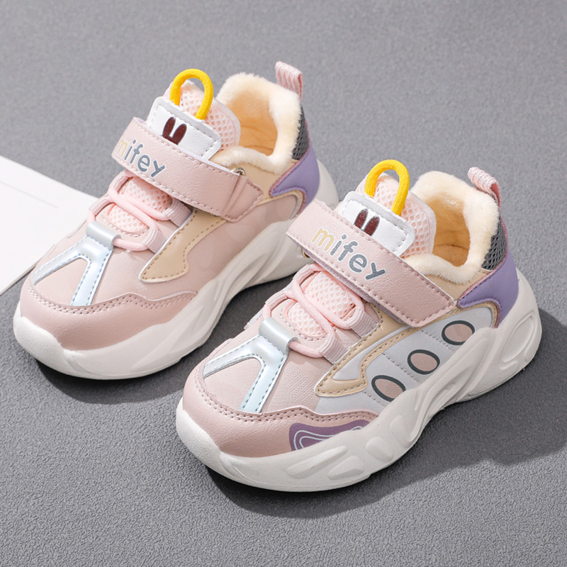 【班纳米菲】2025冬季儿童加绒二棉皮面软底软面柔软运动鞋老爹鞋