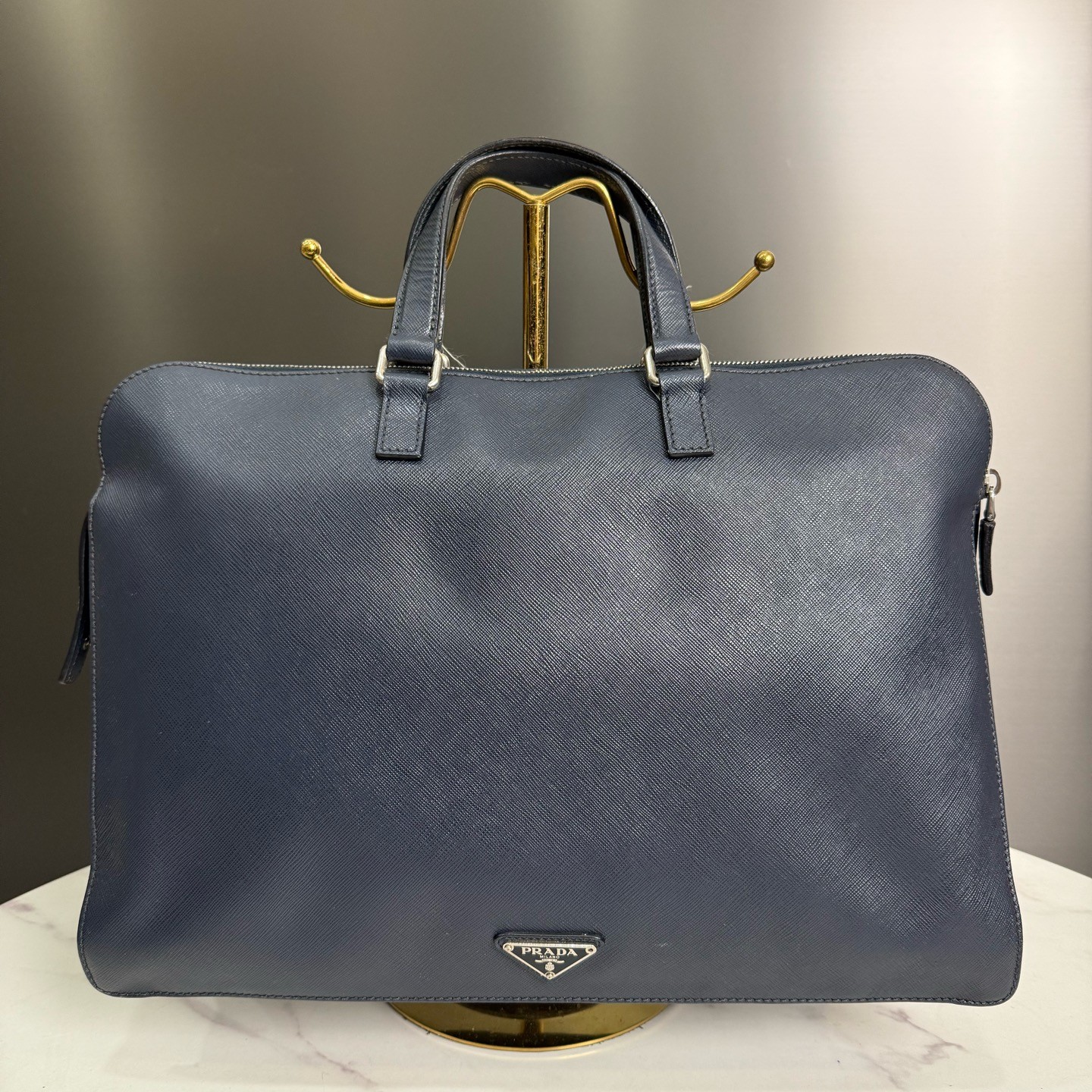 95新 Prada/普拉达 藏蓝色十字纹牛皮公文手提包16311559