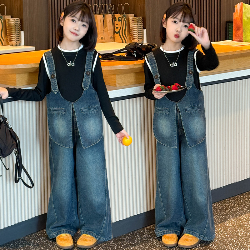 女童2025新款微弹阔腿裤丹宁风牛仔裤休闲风宽松时尚背带裤洋气