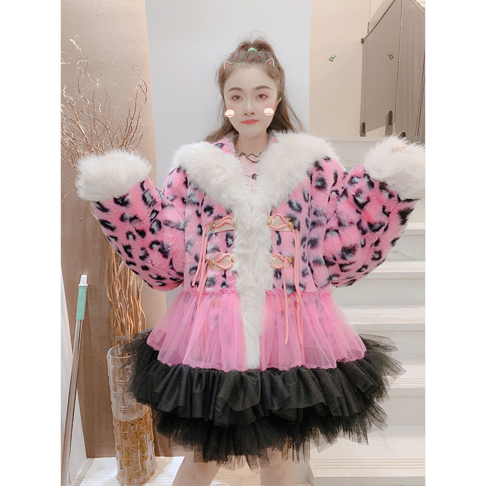 设计师定制潮牌豹纹大毛领拼接云朵网纱加厚加绒保暖外套女