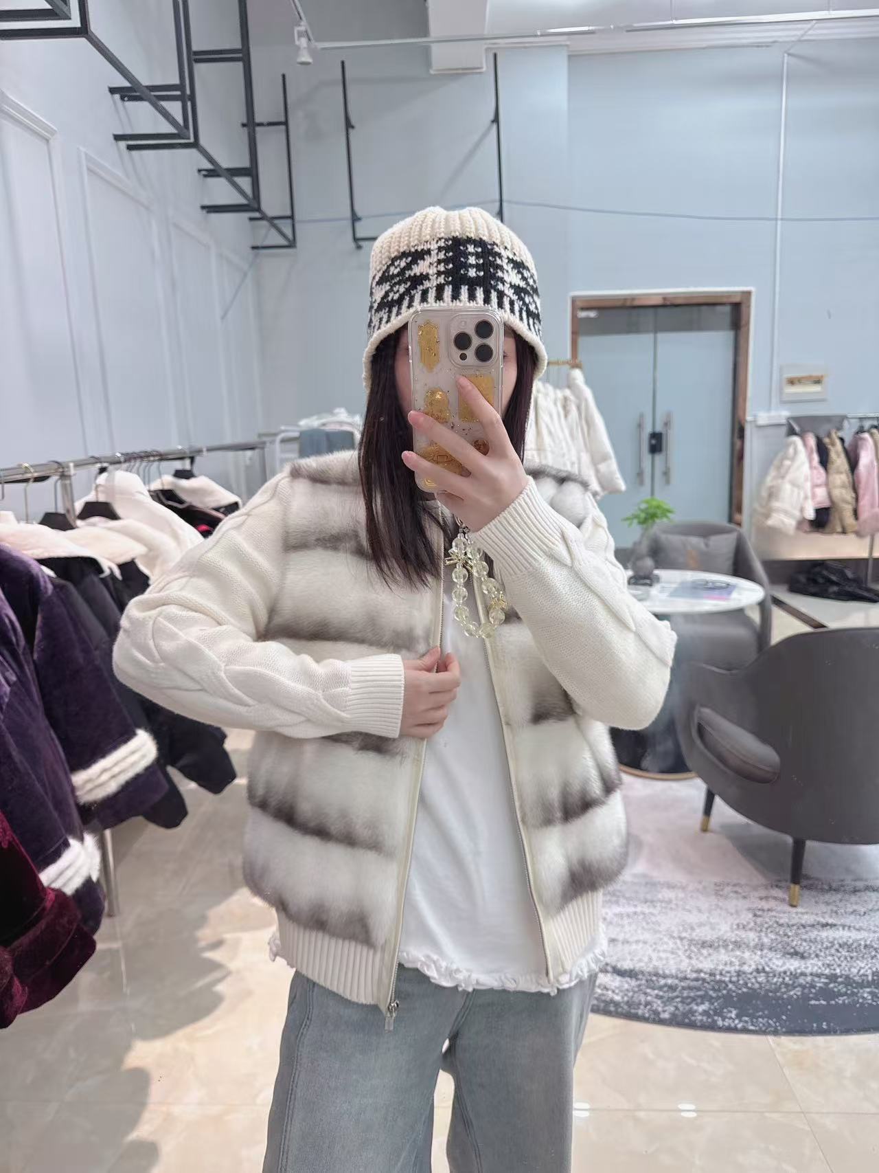 JDJ洁哥 水貂毛外套SD20799-1羊毛针织短款时尚女士休闲外套鹅绒