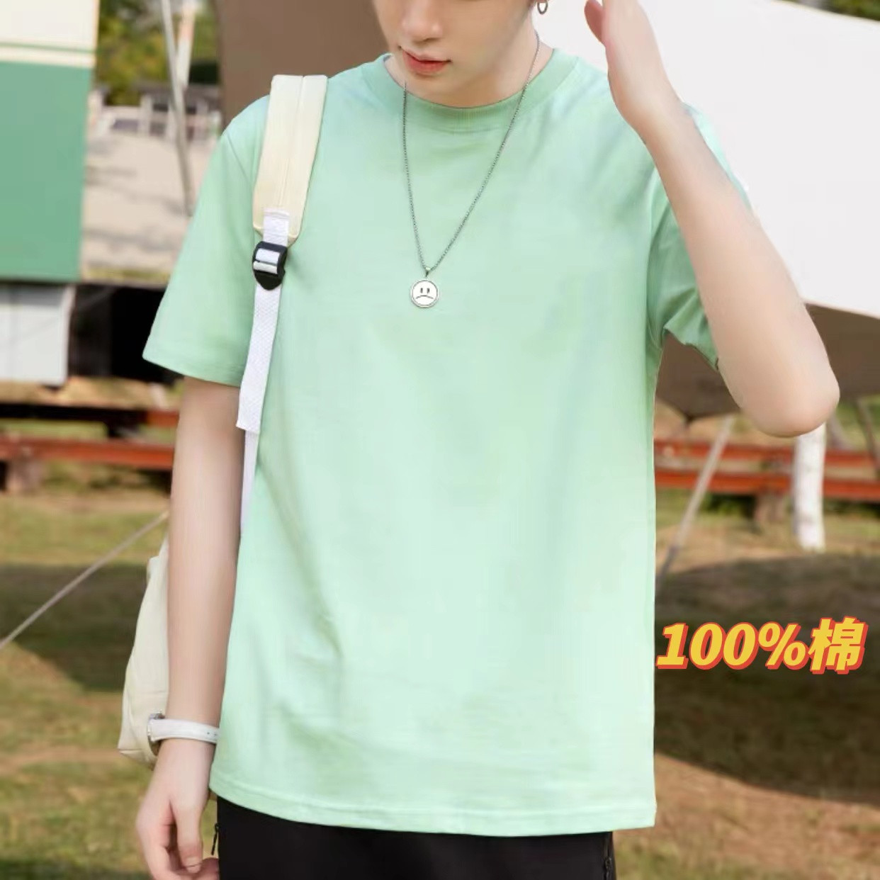 新款纯色100棉纯棉重磅新疆棉圆领短袖t恤男女同款潮流情侣宽松