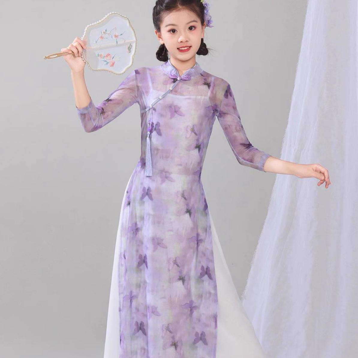 新款女童古典舞练功服中国风旗袍飘逸身韵纱衣民族舞扇子演出服