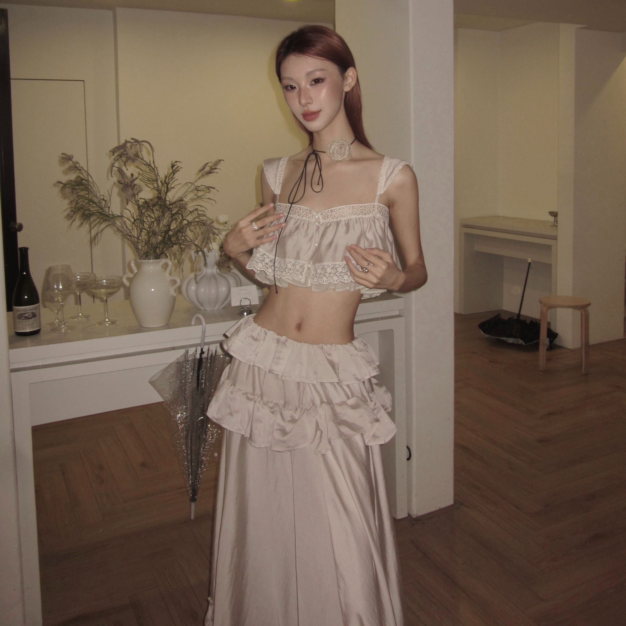 Lecyon/璃颂原创【麦恩莉】宽松藕灰色分体裙套装吊带大裙摆荷叶边