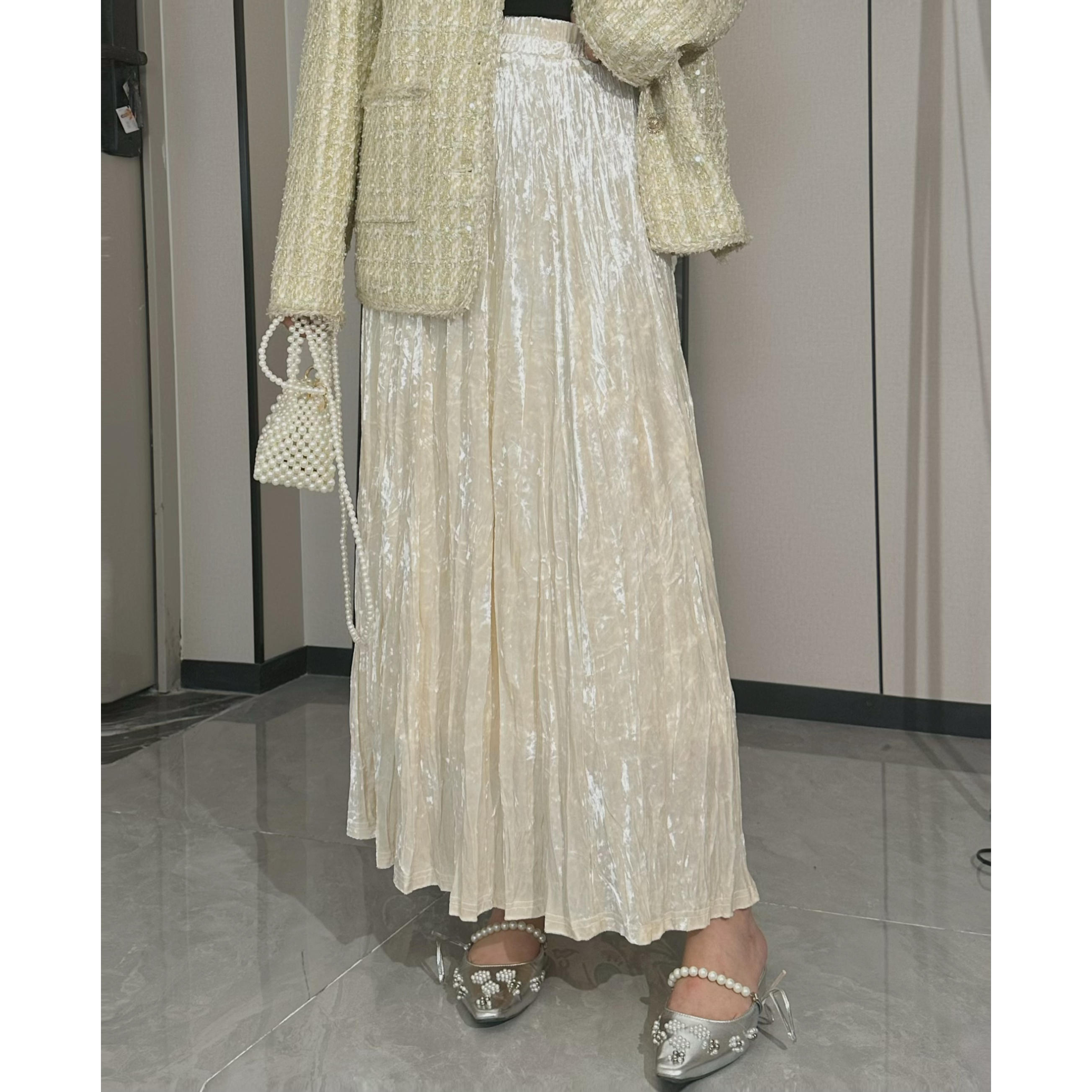 微胖温柔【流光裙】简约复古百褶丝绒半身裙秋季中长款A字裙WR9355