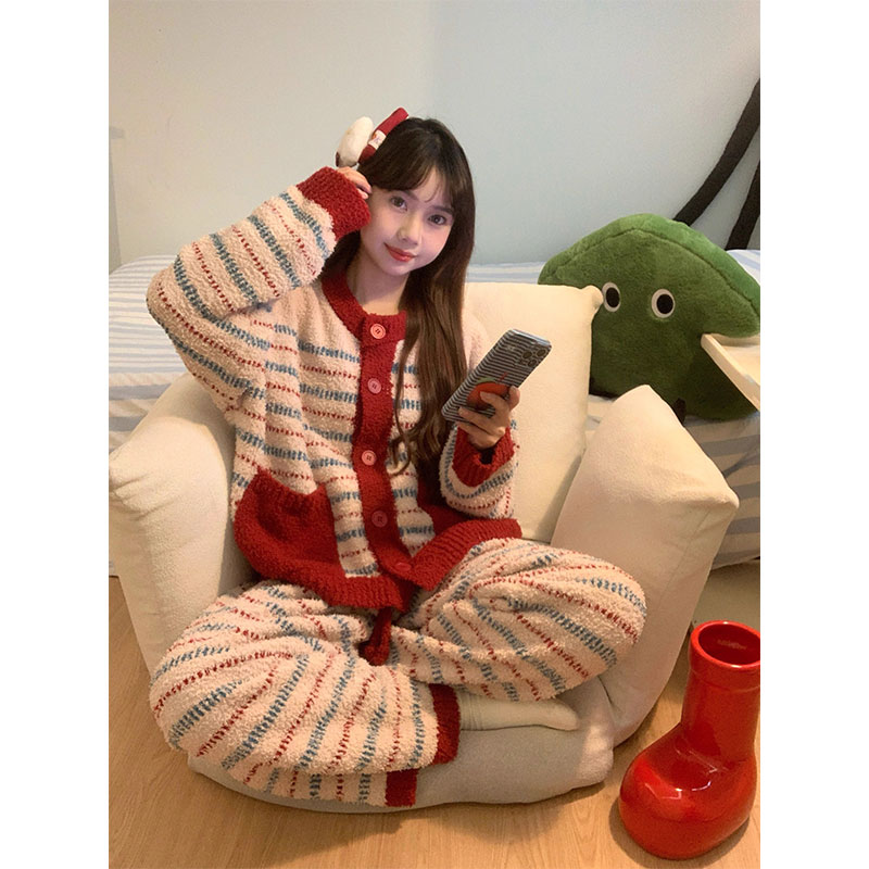 复古红色半边绒条纹睡衣女秋冬季加厚保暖毛衣新年红家居服套装冬