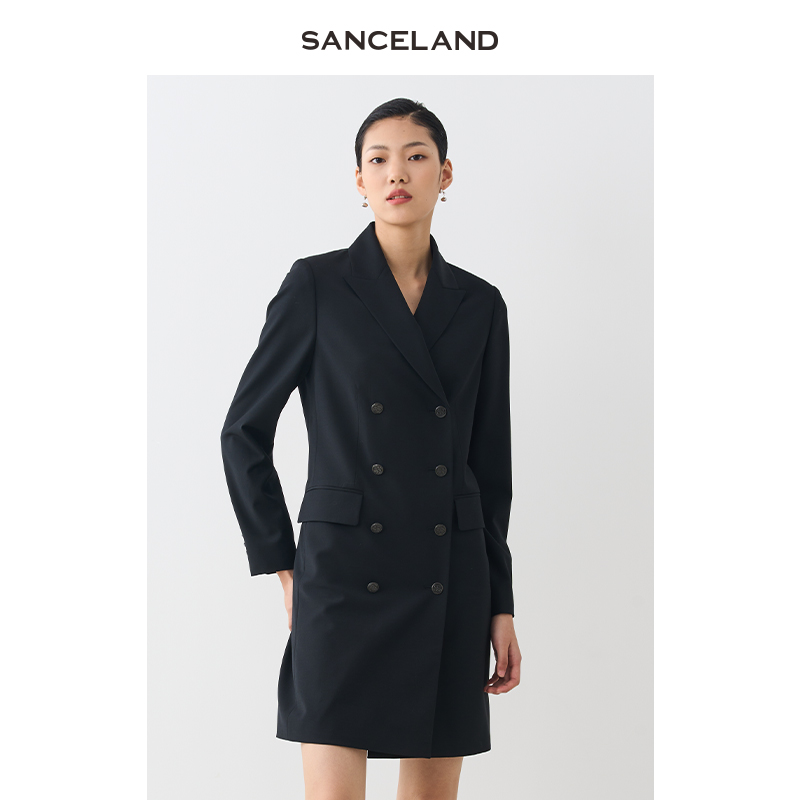 SANCELAND三石一澜秋黑色长袖H型短款羊毛西装连衣裙SG34101063