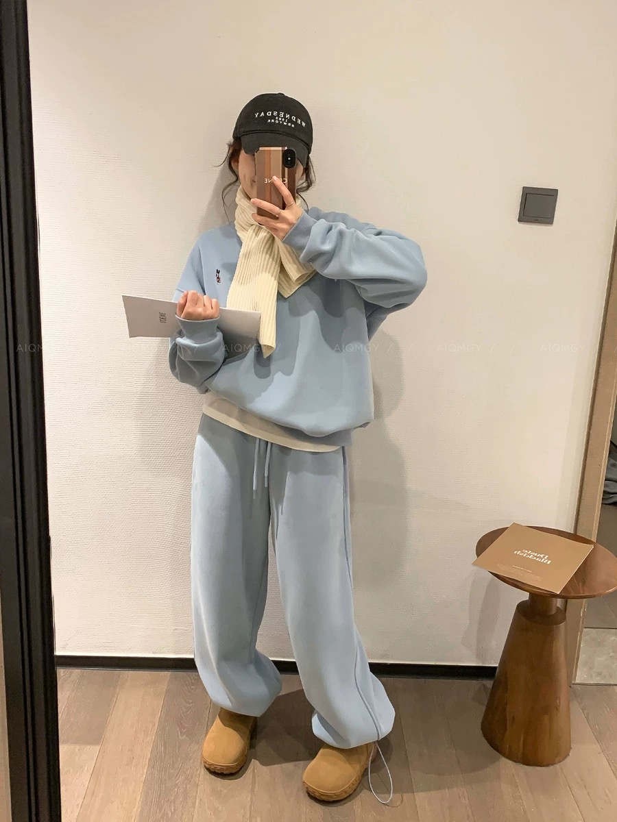 慵懒风圆领卫衣运动套装女秋冬加绒宽松显瘦两件套