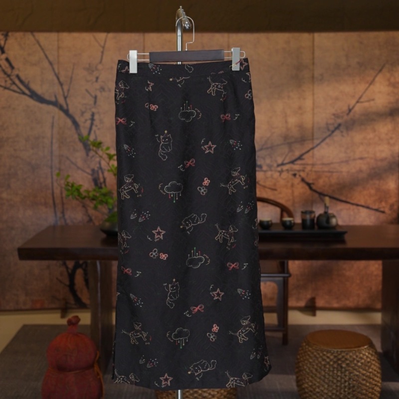 1789【宠物日记半身裙】新中式国风海浪纹半裙提花中长款侧开叉老钱