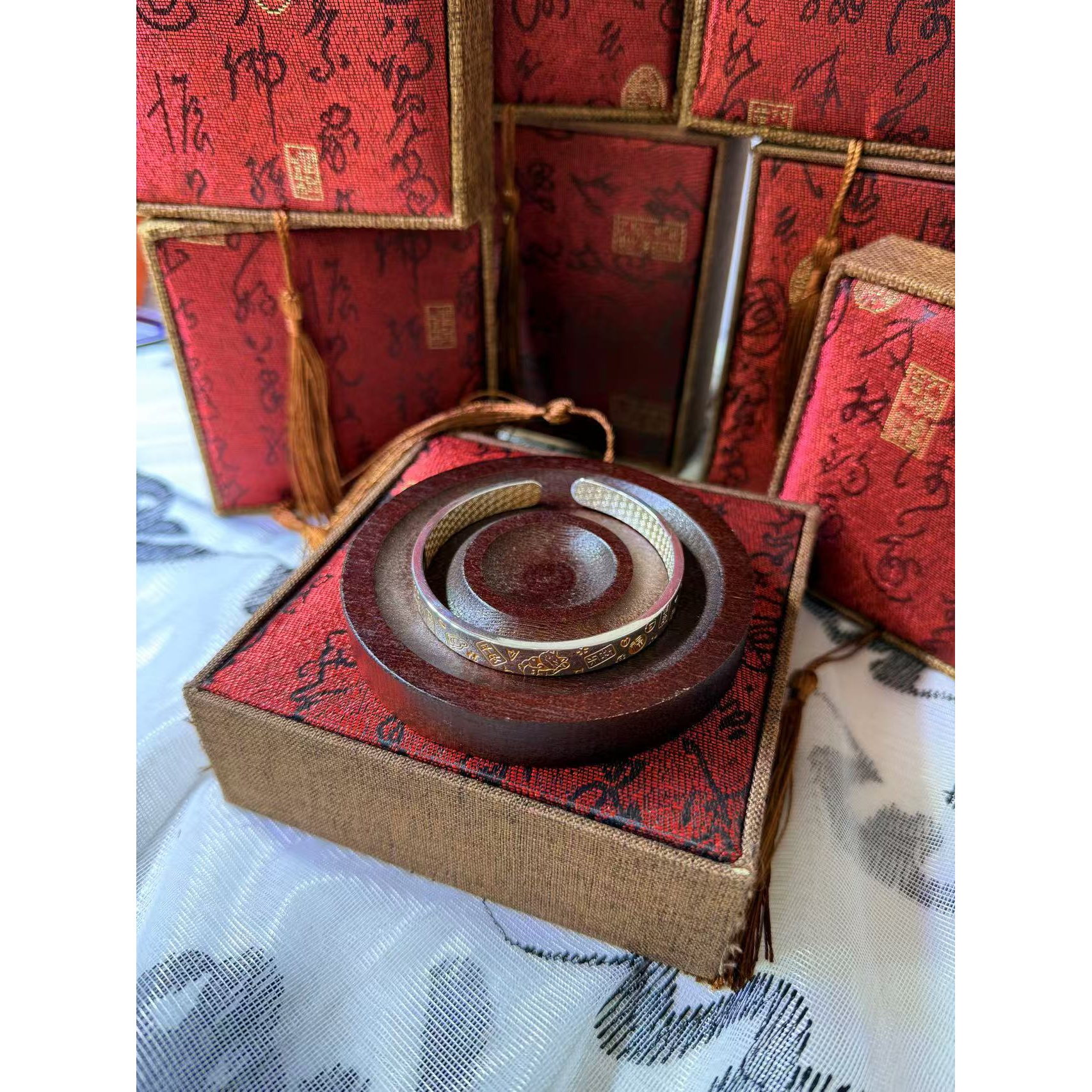 足银银制品 S183 描金吉言手镯 开口 直播间选款时尚百搭精美手镯