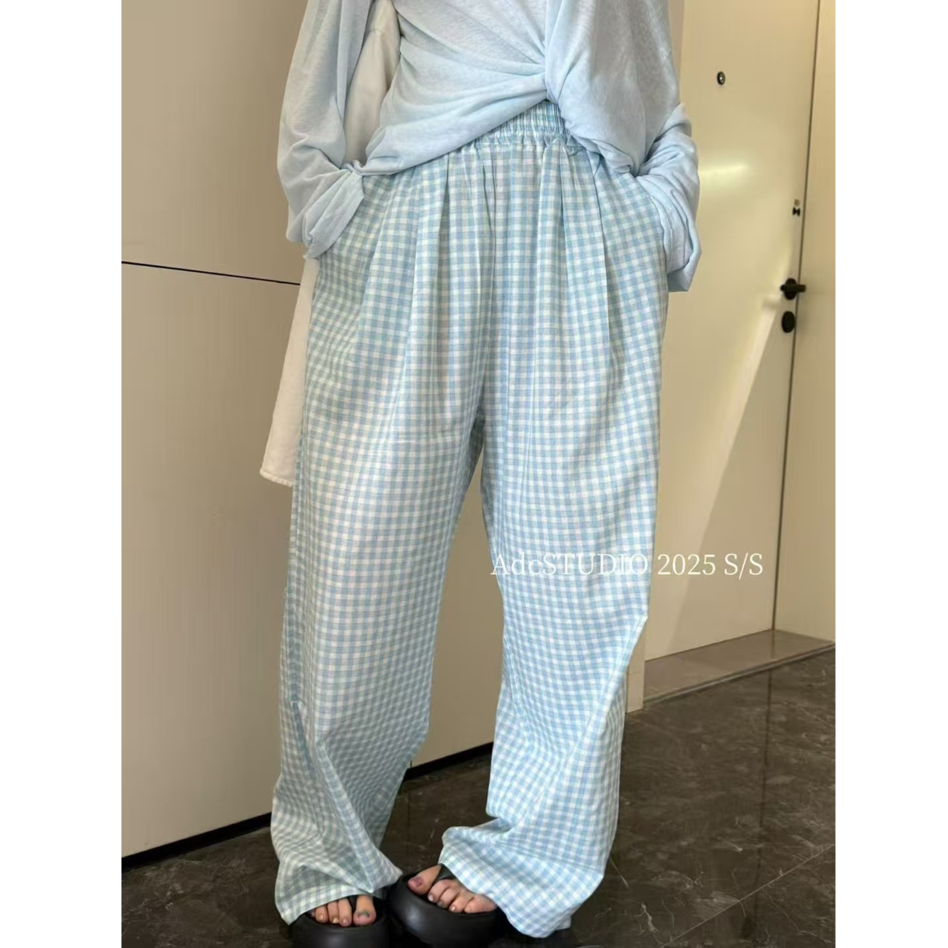 【现货-棉麻格裤】東room2025夏季新款百搭高腰格子阔腿裤拖地裤女
