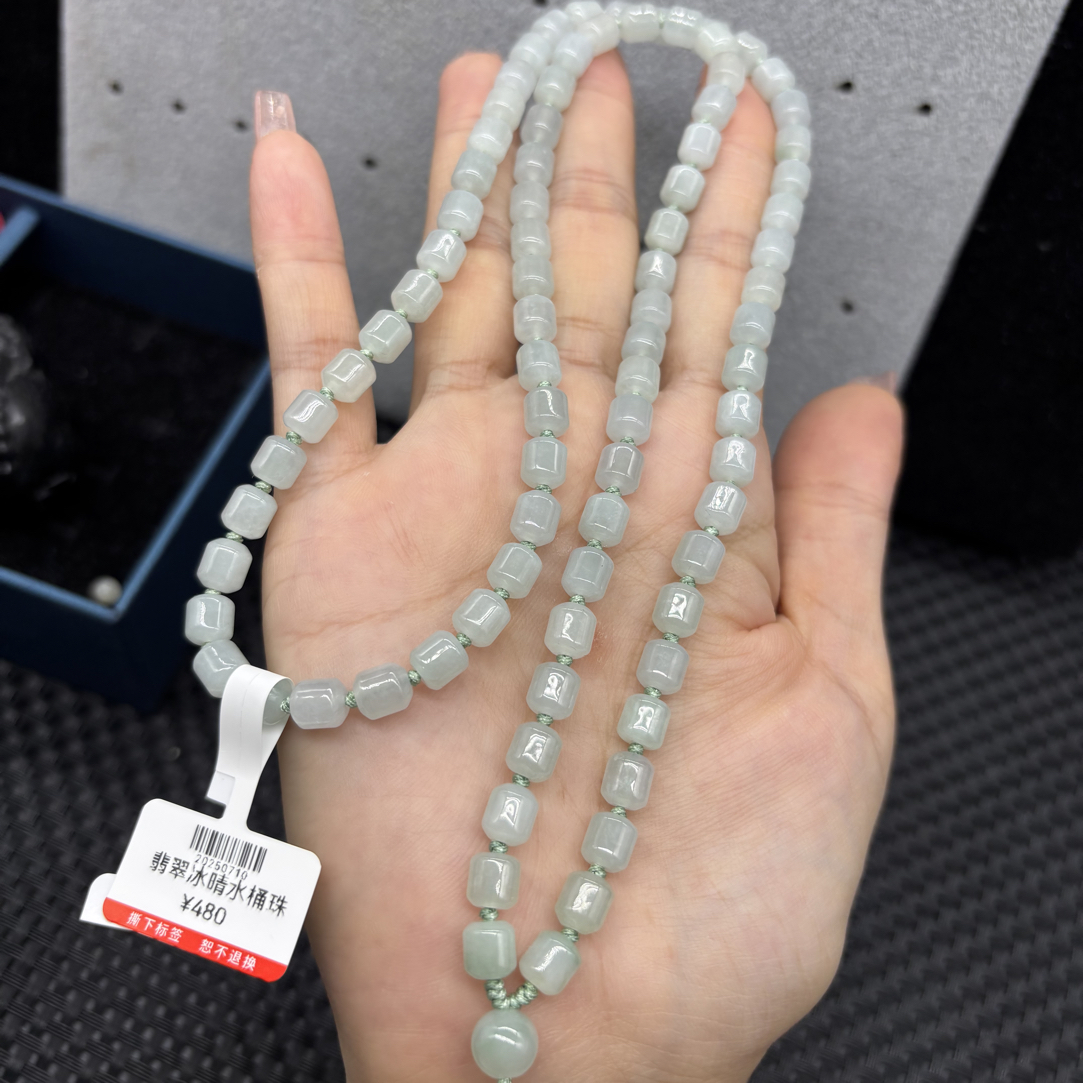 精美纯天然A货缅甸翡翠冰晴水桶珠6mm玉石珠链吊坠绳项链时尚百搭