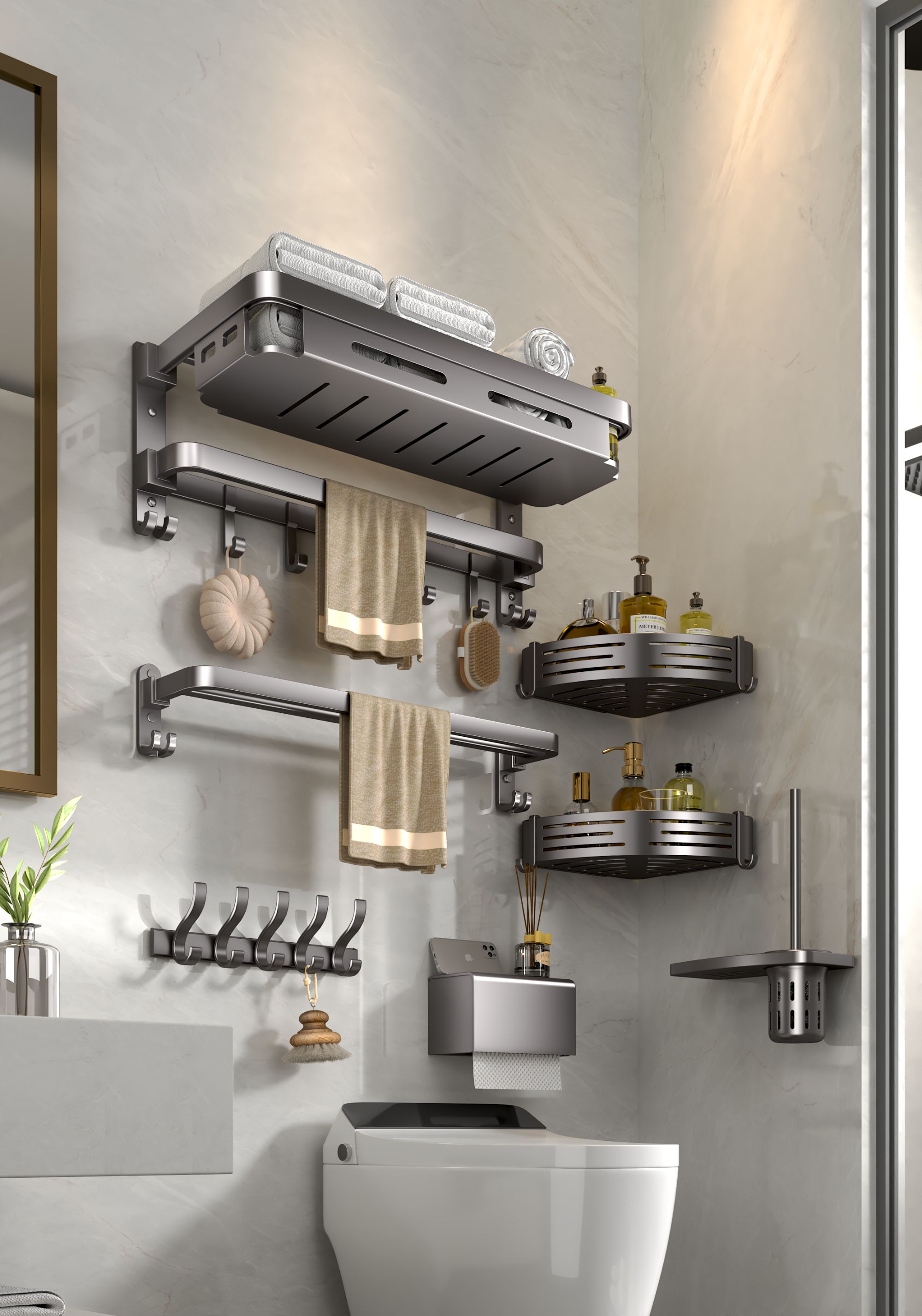 卫生间毛巾架免打孔加厚太空铝挂架浴室折叠网篮浴巾架卫浴置物架