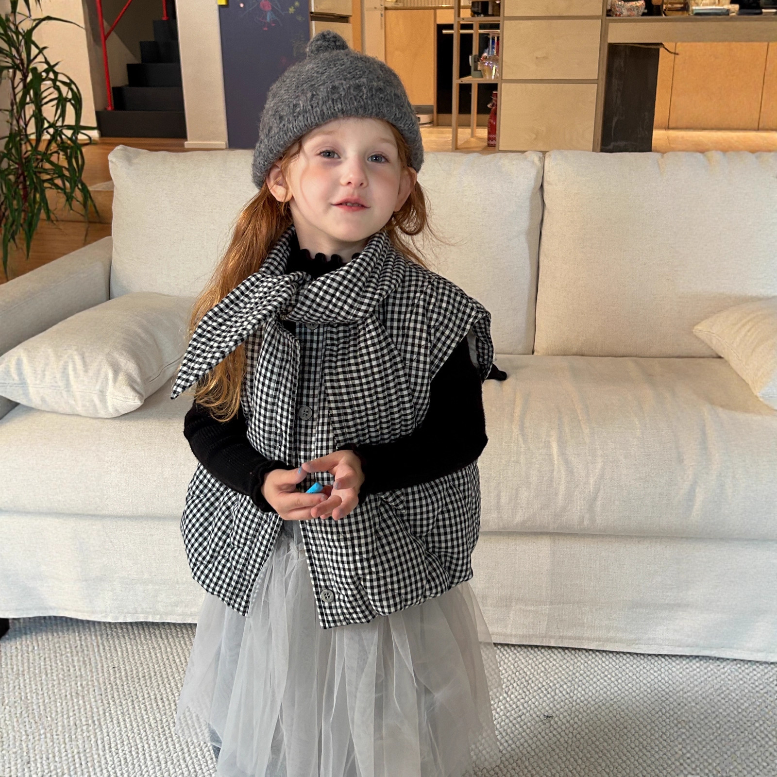 【冬】新款女童设计感时尚格子夹棉系领围脖无袖马甲2025冬季新款