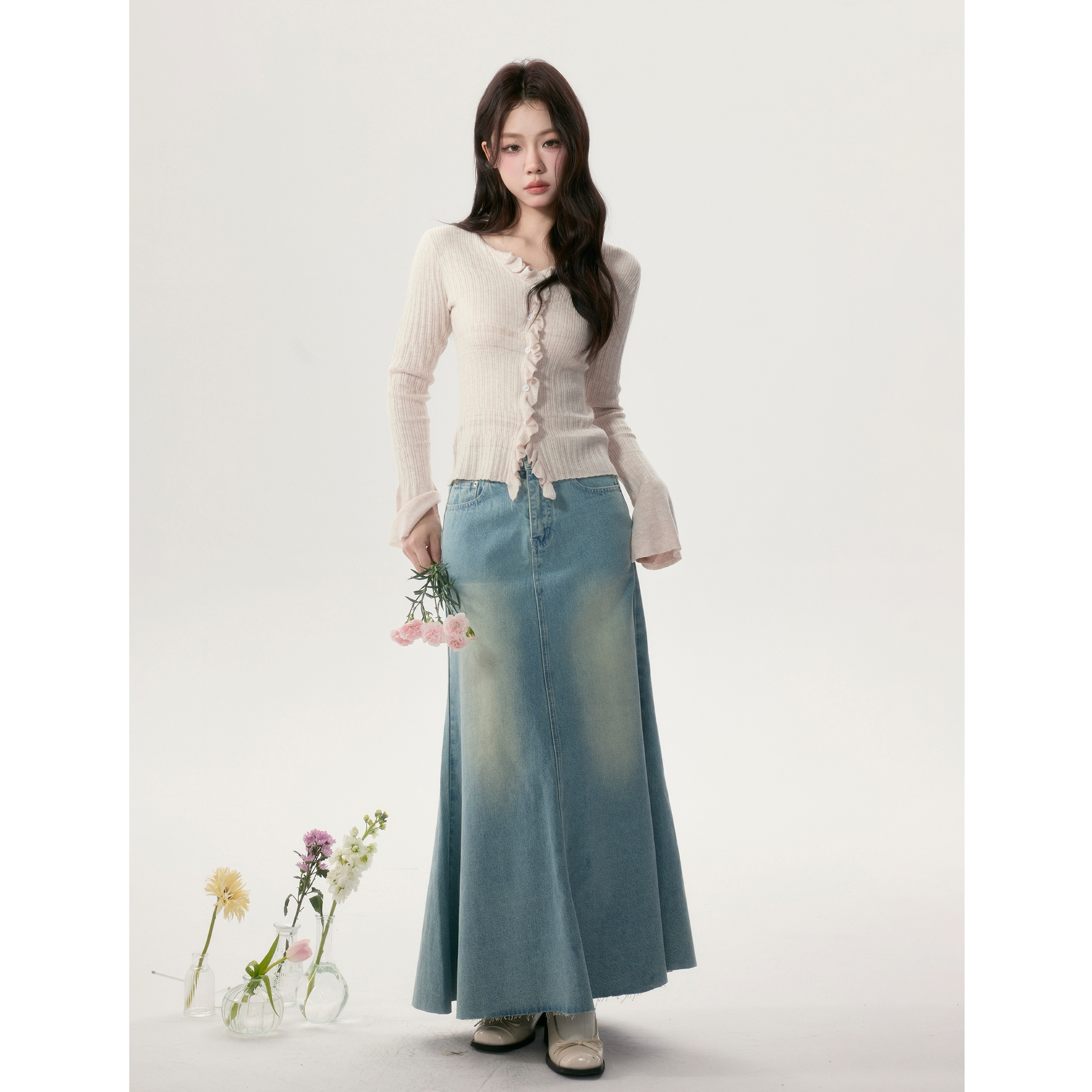 【小野莓】春季韩版气质百搭a字高腰显瘦水洗牛仔半身裙子BF46981