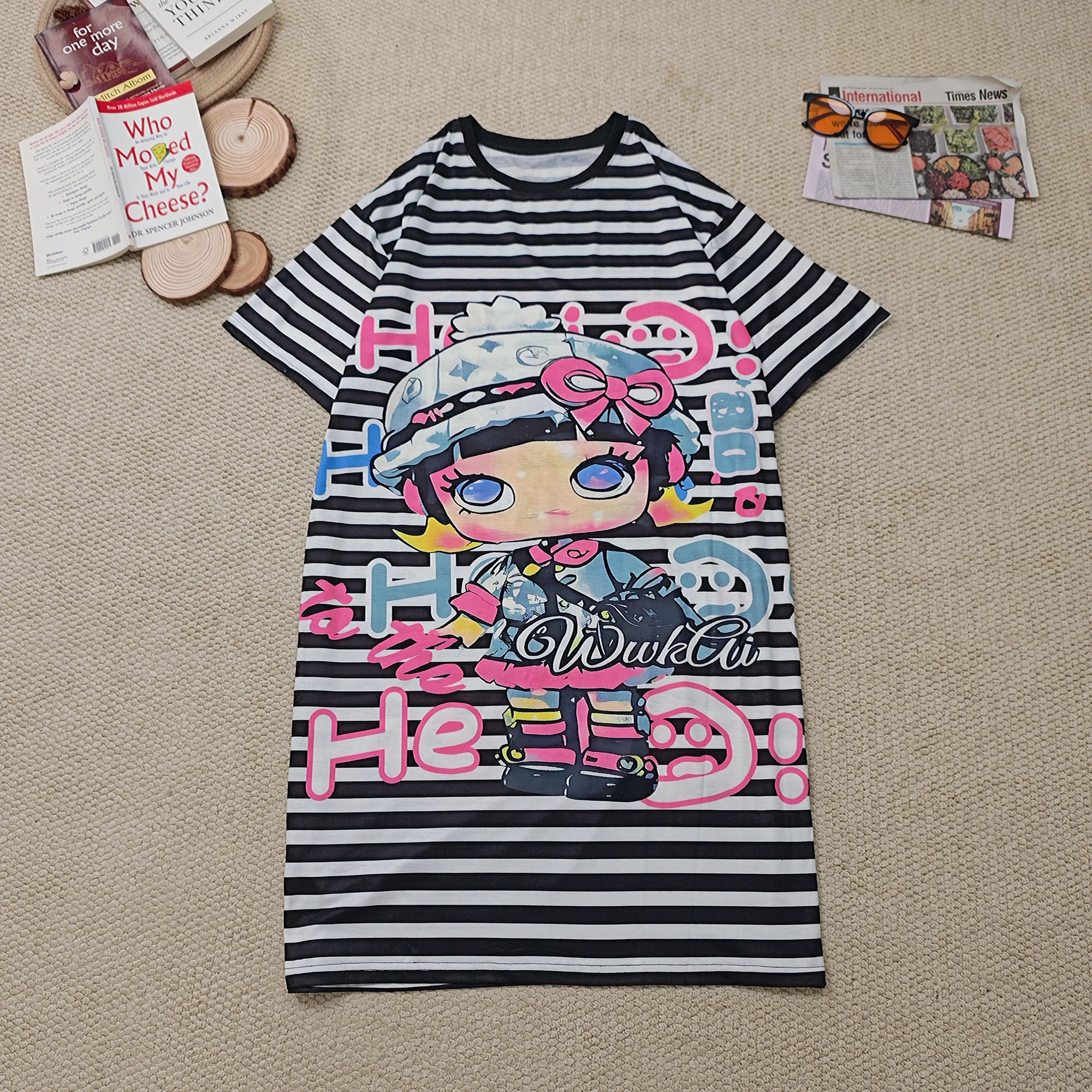 2025夏季新款休闲卡通印花条纹短袖连衣裙2816