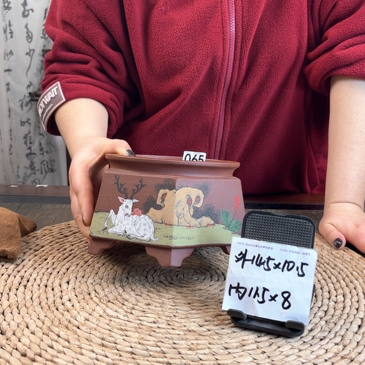 紫砂花盆超精品枣红一路有你手绘井栏六方065