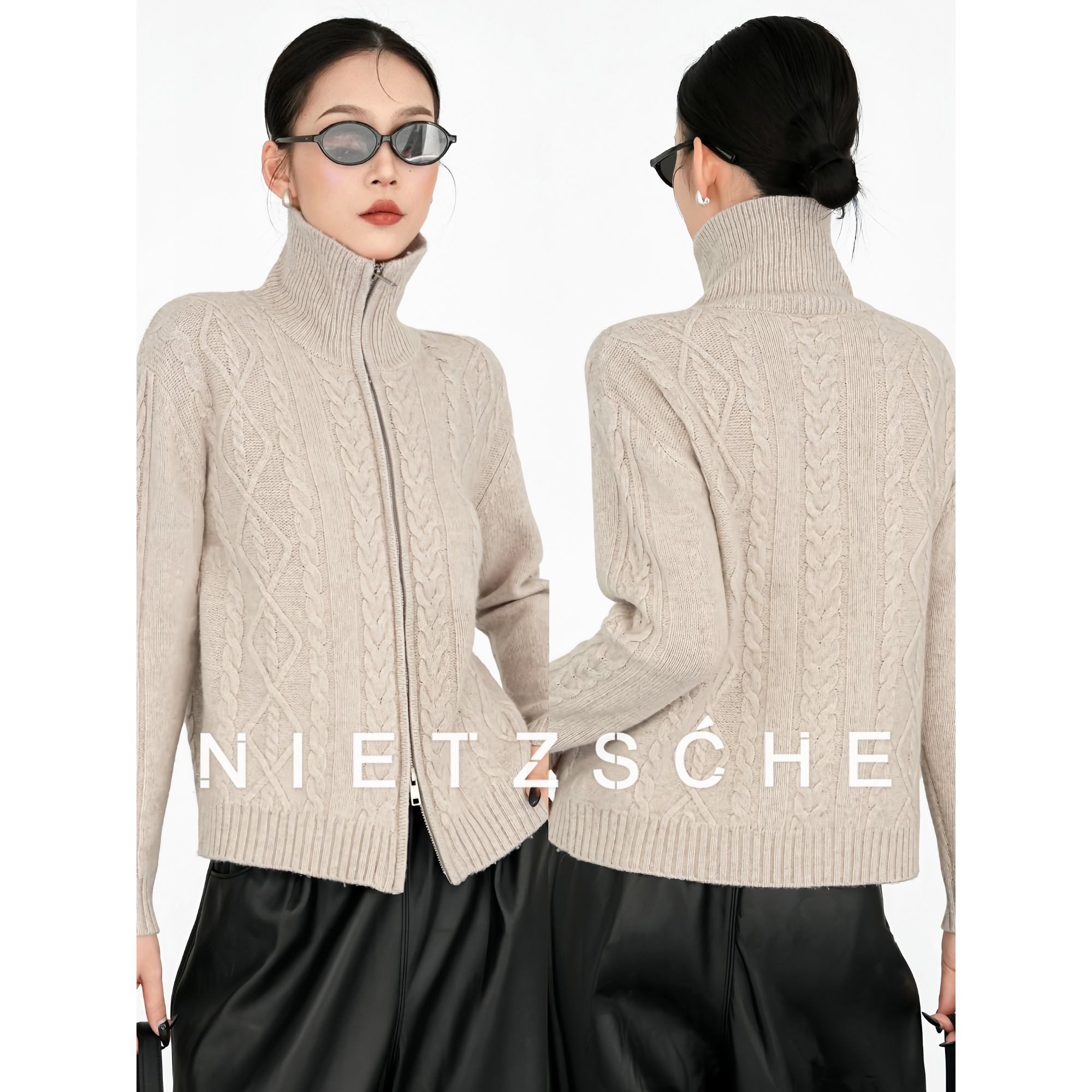 尼采 官方直营｜诺丁山｜高克重30羊绒 重磅绞花针织拉链开衫25218