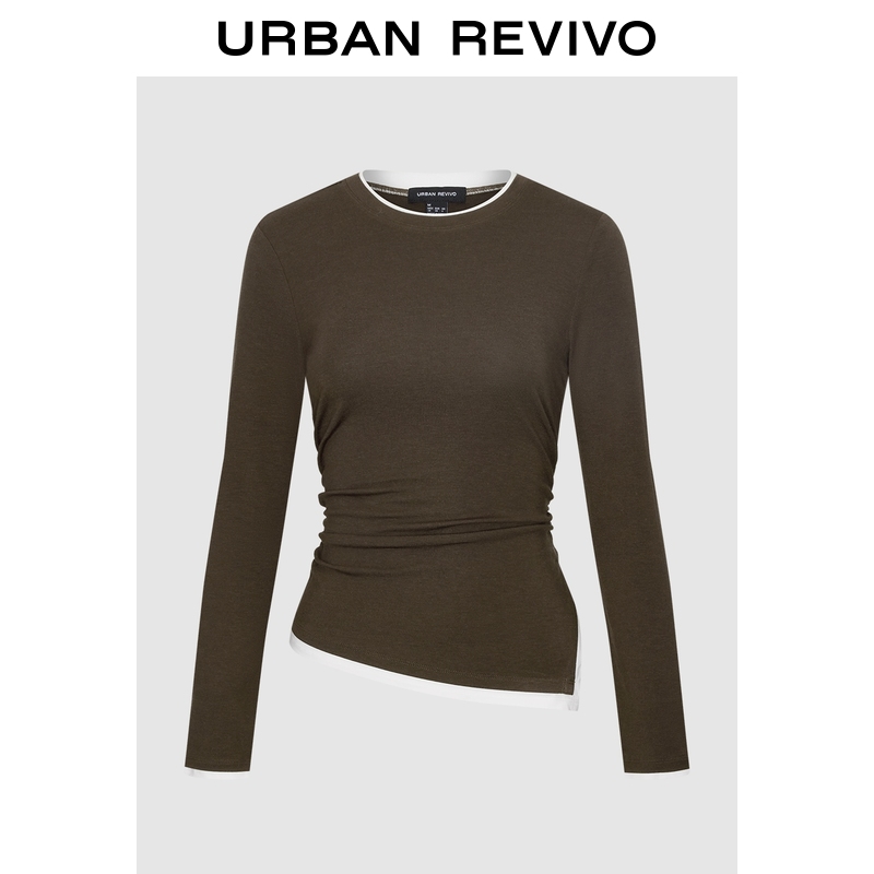 UR2026春季新款女装气质撞色假两件褶皱收腰T恤UWM460011