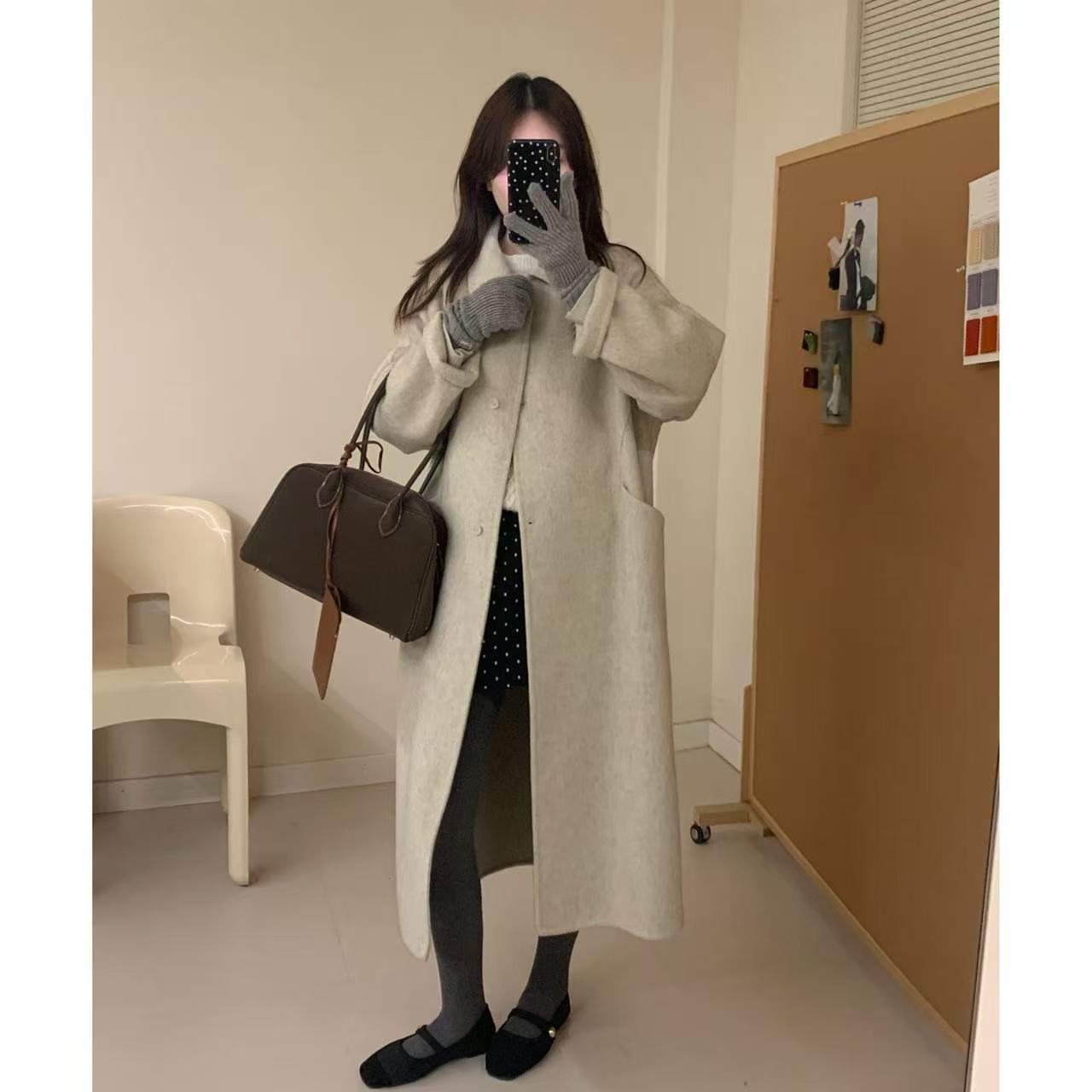 韩系长款羊毛大衣双面呢大衣秋冬外套8526